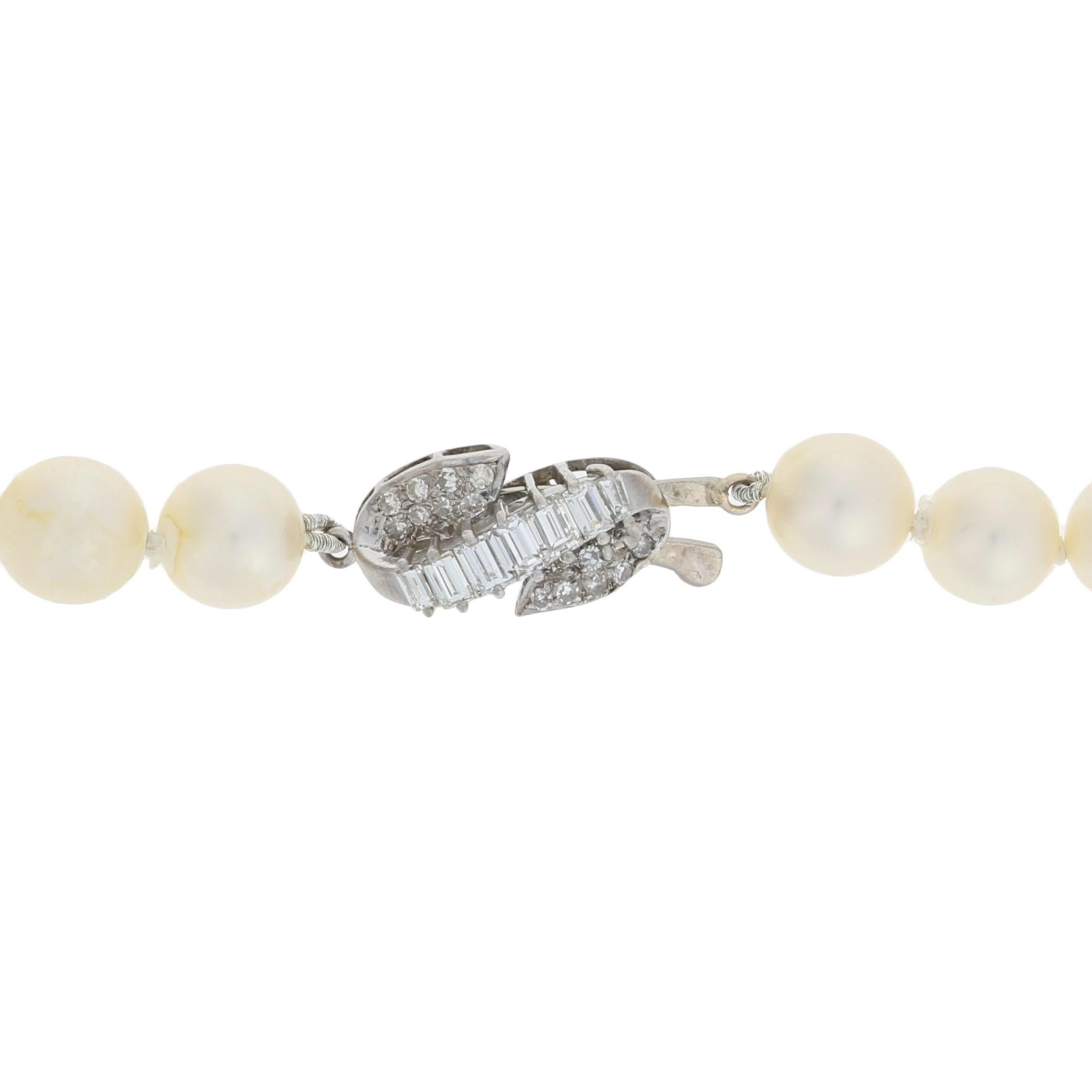 Baguette Cut Pearl Necklace, 14 Karat Gold Knotted Strand with Diamond Clasp .75 Carat For Sale