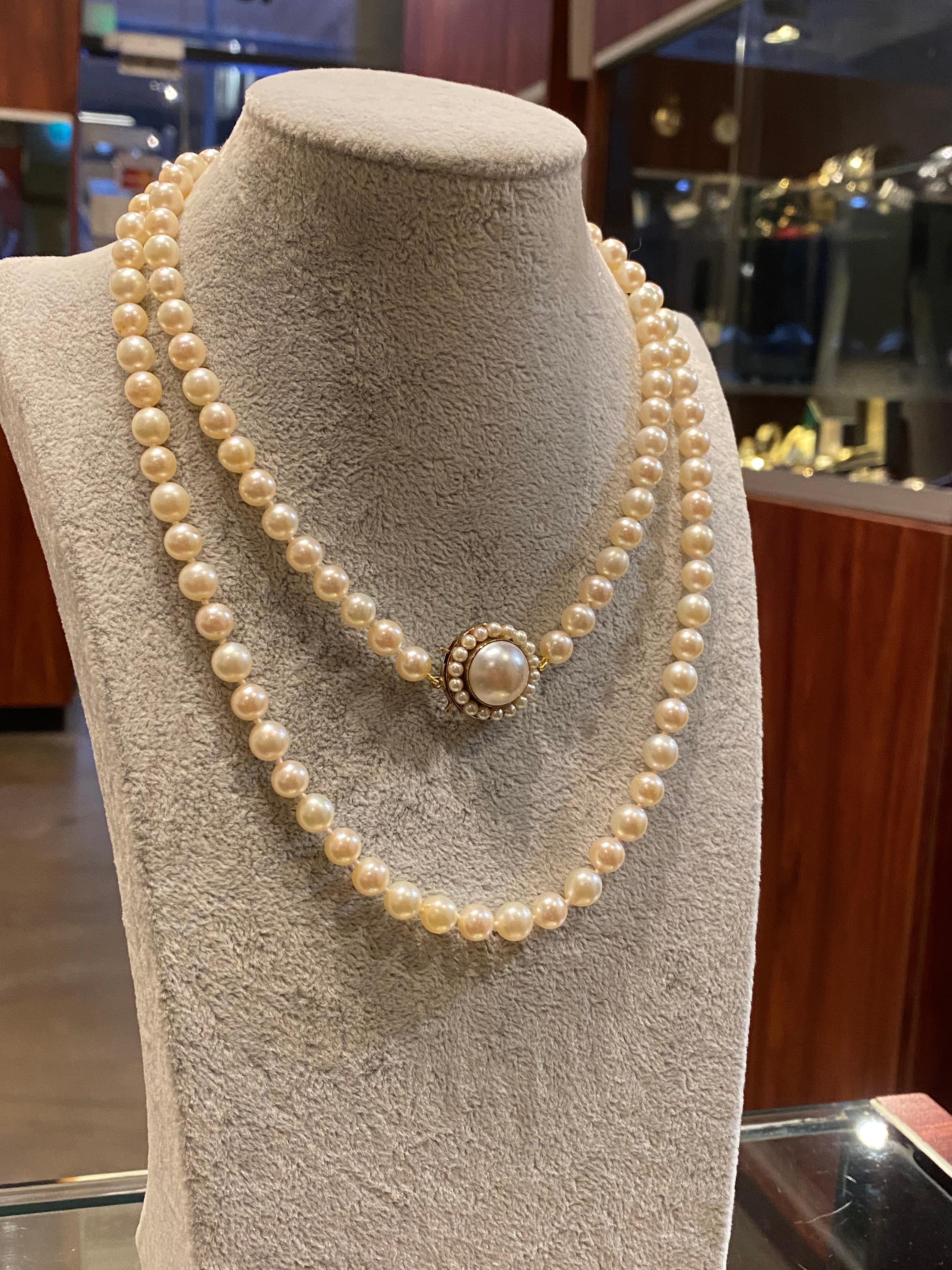 7.5mm South Sea Pearl Opera Length 91cm Necklace, 9K Gold Mabe Pearl Clasp For Sale 5