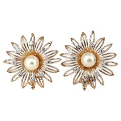 Boucles d'oreilles Sunburst en or 14 carats avec perles des mers du Sud et diamants 1 carat