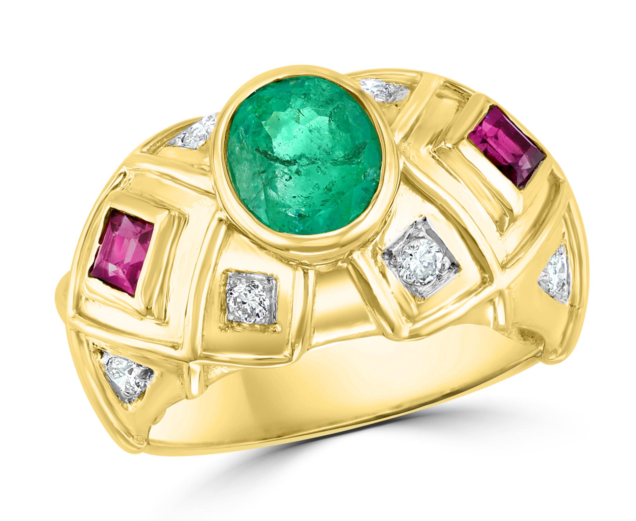 Oval Emerald , Pink Tourmaline  Diamond Ring 18 Karat Yellow Gold,  Size 6.5 For Sale 7