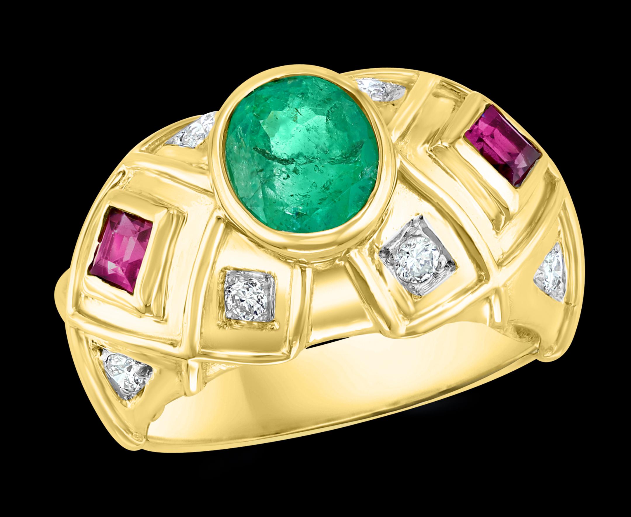 Oval Emerald , Pink Tourmaline  & Diamond Ring 18 Karat Yellow Gold  Size 6.5
A classic, Cocktail ring 
 Emerald measurements  7.5X 8.5 MM. its approximately 1.5 ct, 
Emeralds are very precious , Very Difficult to find and getting more more