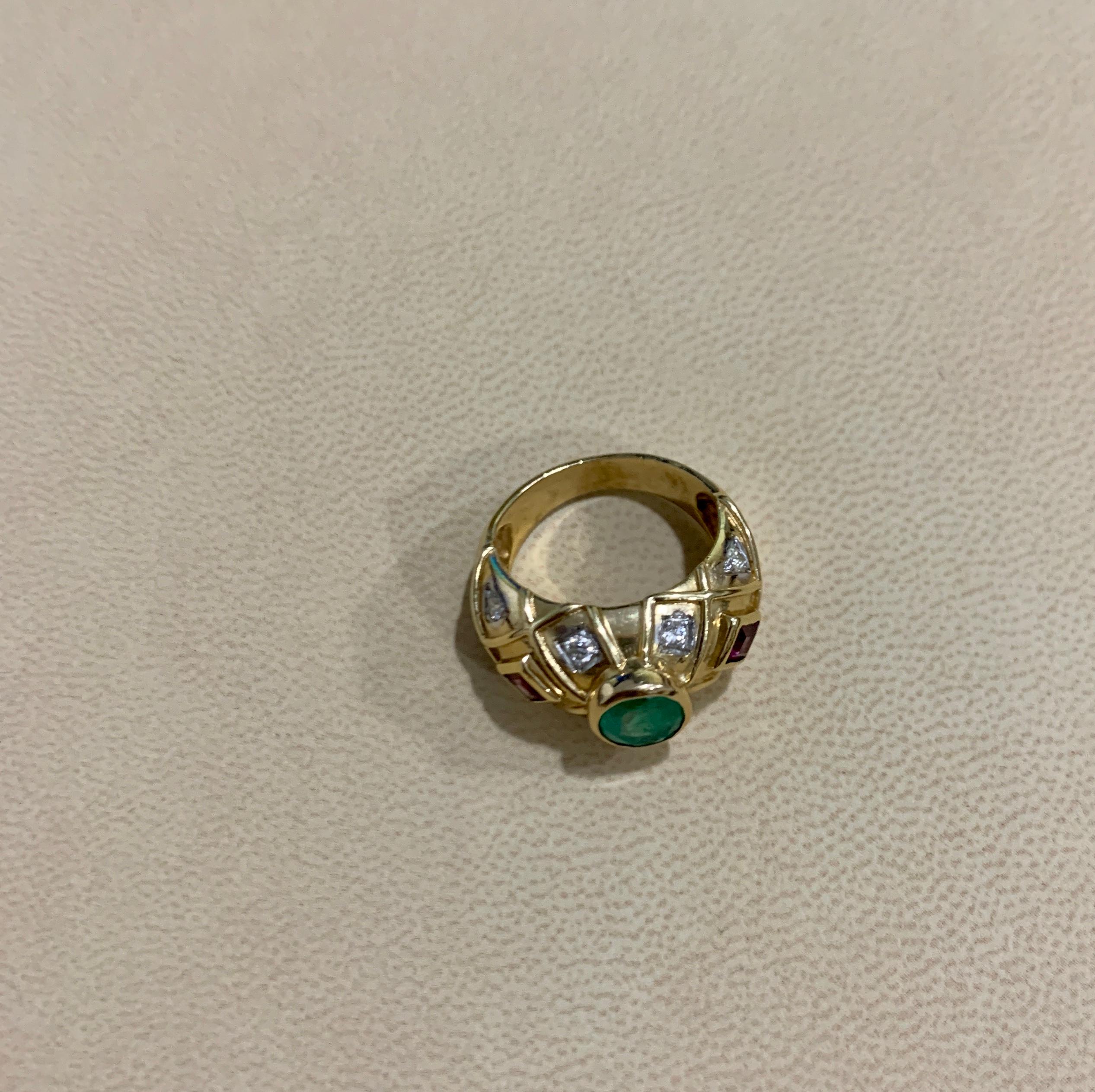 Oval Emerald , Pink Tourmaline  Diamond Ring 18 Karat Yellow Gold,  Size 6.5 For Sale 6