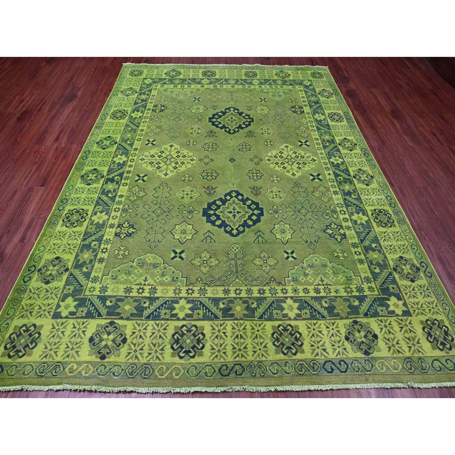 Olive Green, Hand Knotted, Overdyed Kazak with Tribal Design, Pure Wool, Oriental Rug
Primary materials: Wool
Latex: No Pile 
height: 0.25 Inches
Style: Traditional
Primary color: Green
Secondary colors: None
Pattern: Oriental