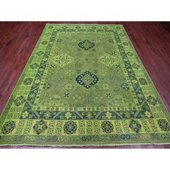 7'5"x10' Olive Green Hand Knotted Overdyed Kazak Tribal Design Pure Wool Rug