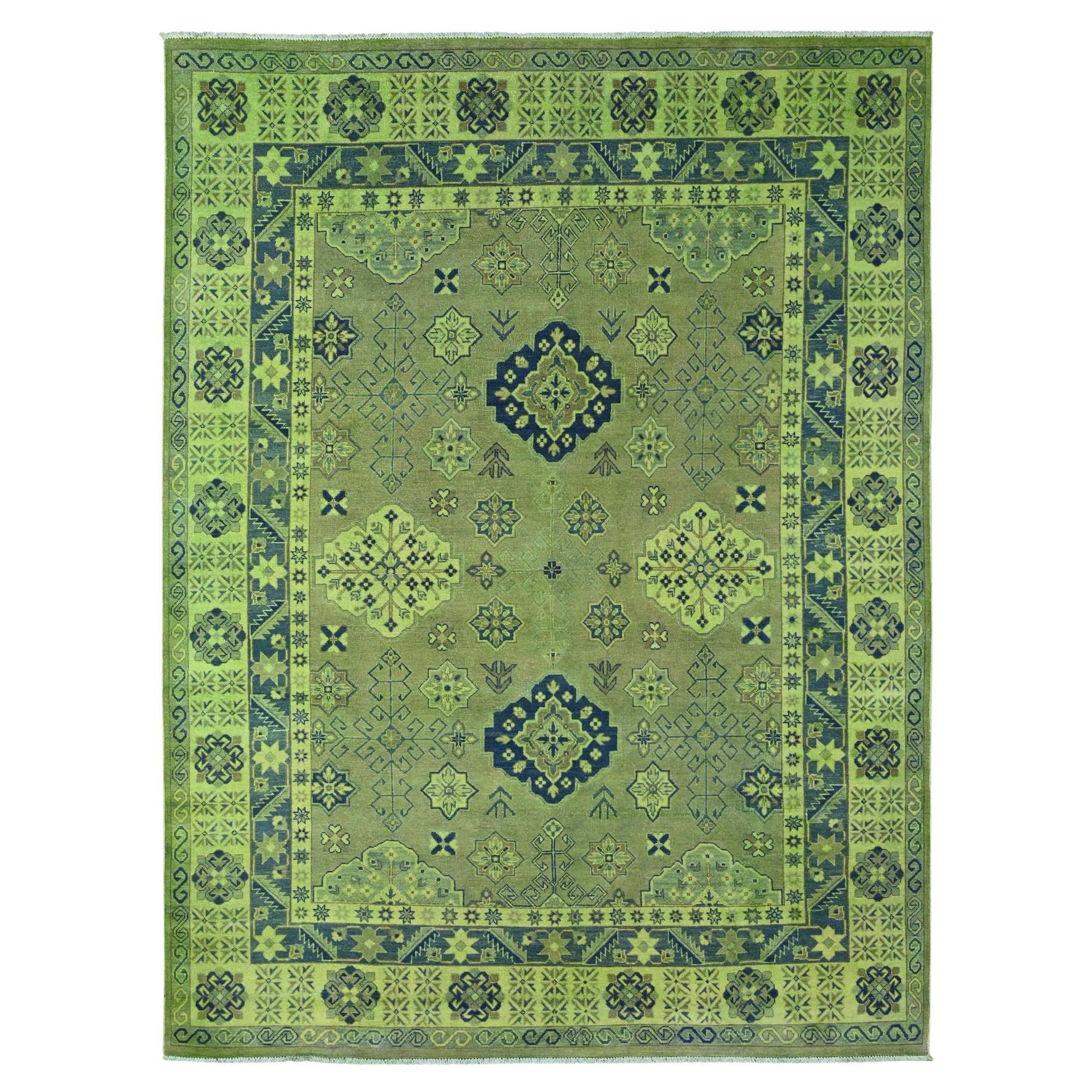 7'5"x10' Olive Green Hand Knotted Overdyed Kazak Tribal Design Pure Wool Rug For Sale