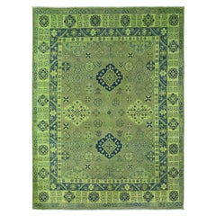7'5 "x10' Verde Oliva Alfombra de Lana Pura con Diseño Tribal Kazak Teñida a Mano y Sobreteñida