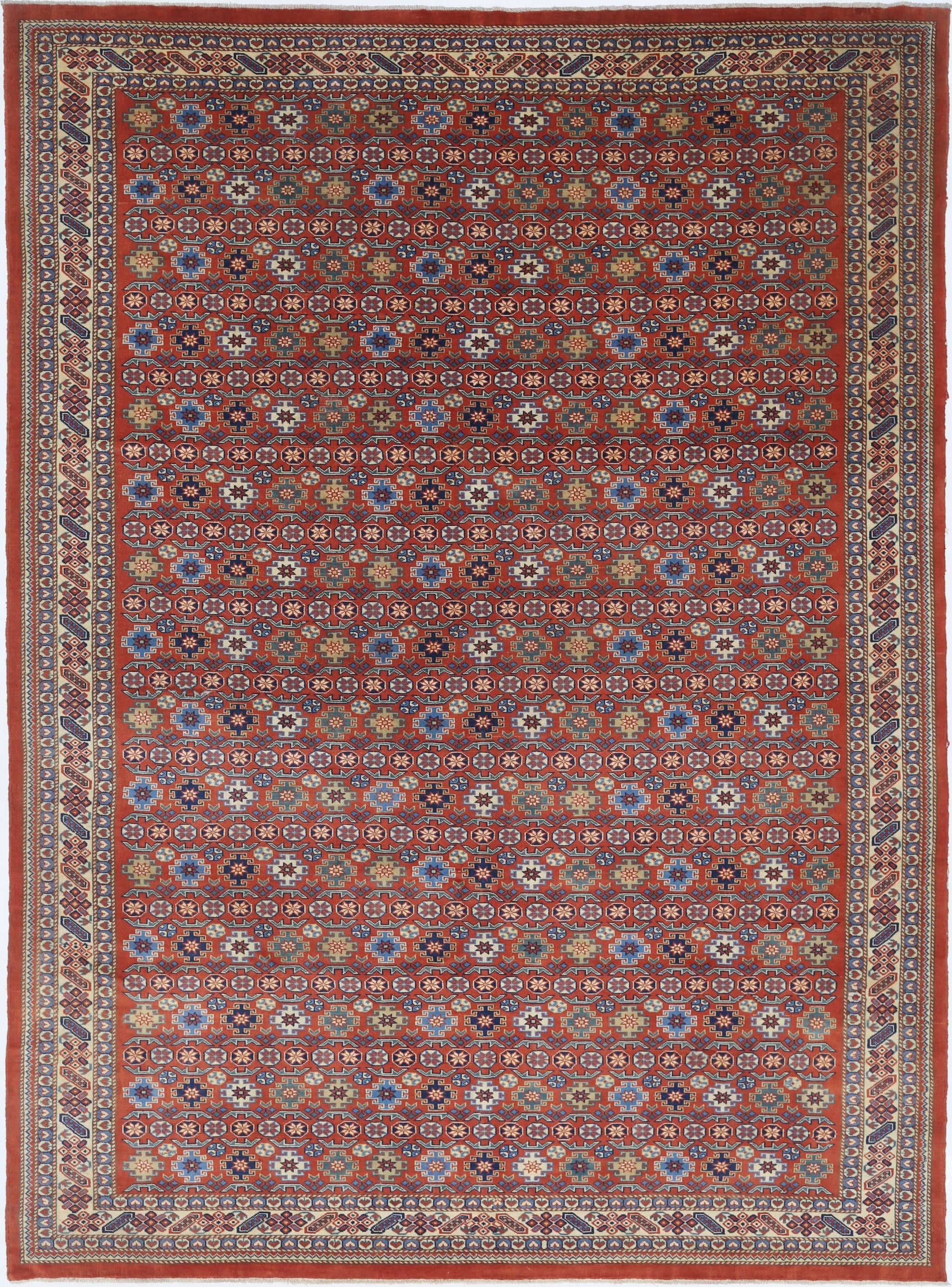 7.5x10.2 ft Hand-Knotted Geometric Tribal Area Rug in Rust Red, Navy Blue, Beige