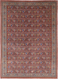 7.5x10.2 ft Hand-Knotted Geometric Tribal Area Rug in Rust Red, Navy Blue, Beige
