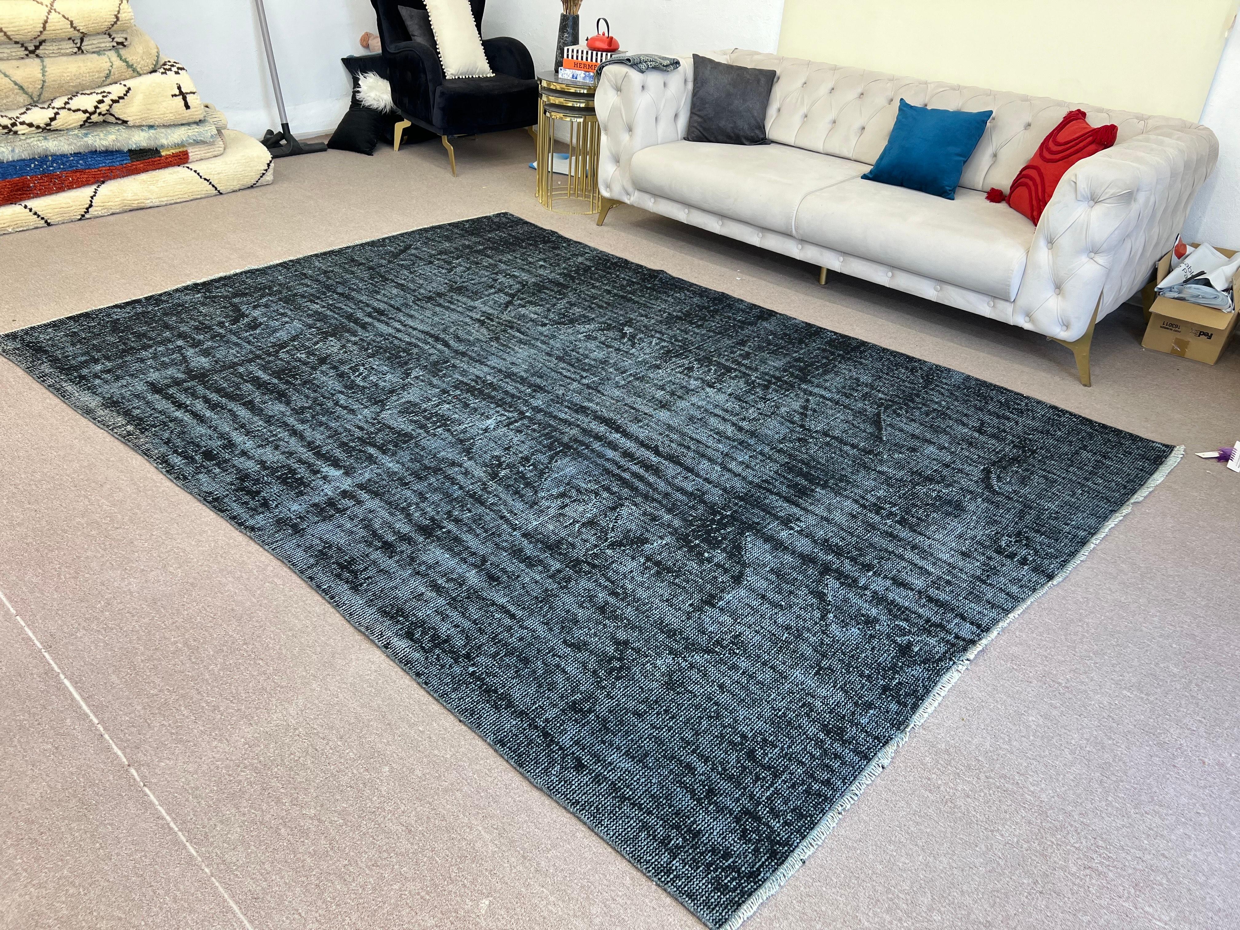 7.5x10.2 Ft Plain Solid Black Turkish Area Rug. Modern Handmade Upcycled Carpet For Sale 5