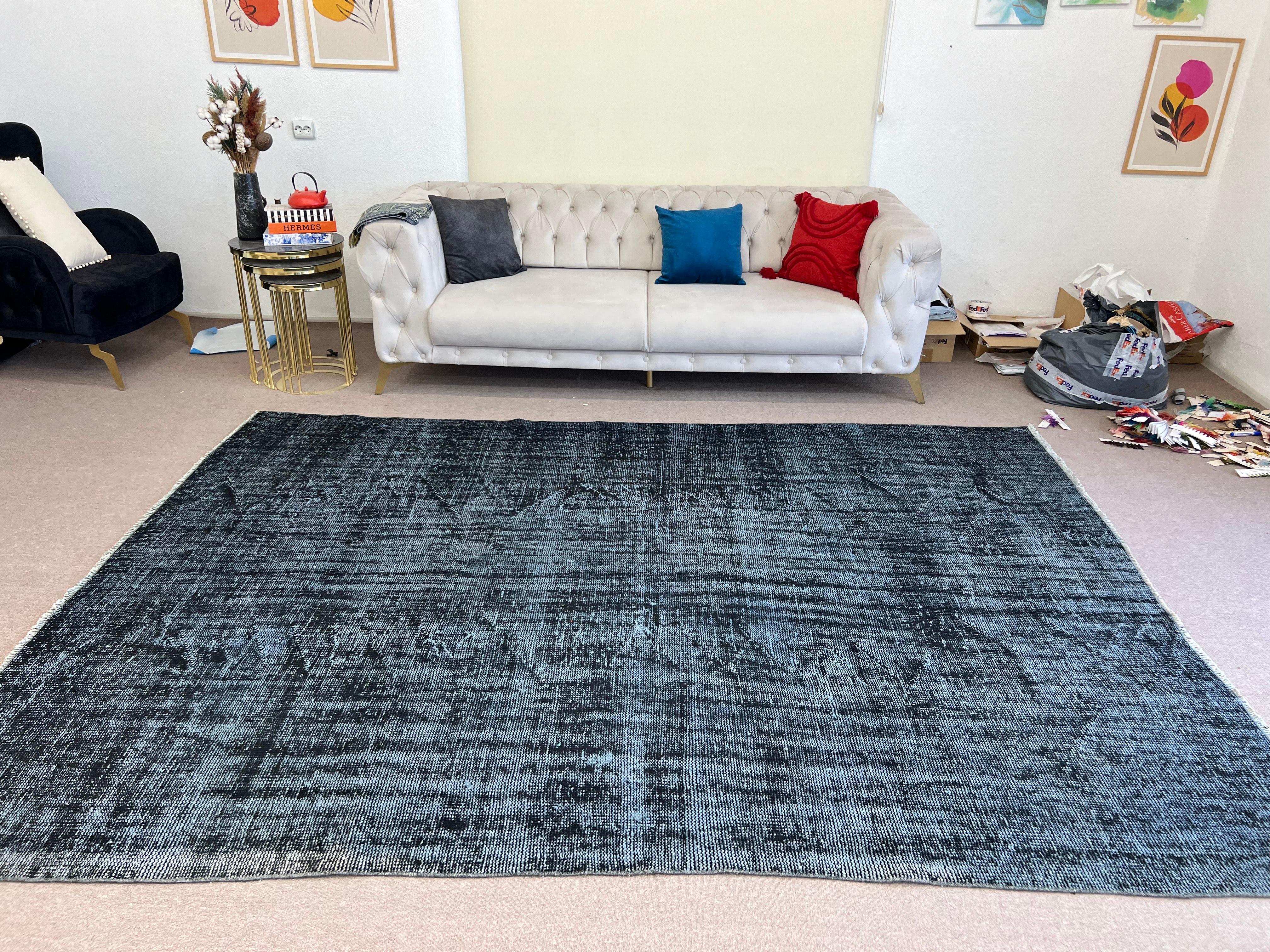 Wool 7.5x10.2 Ft Plain Solid Black Turkish Area Rug. Modern Handmade Upcycled Carpet For Sale