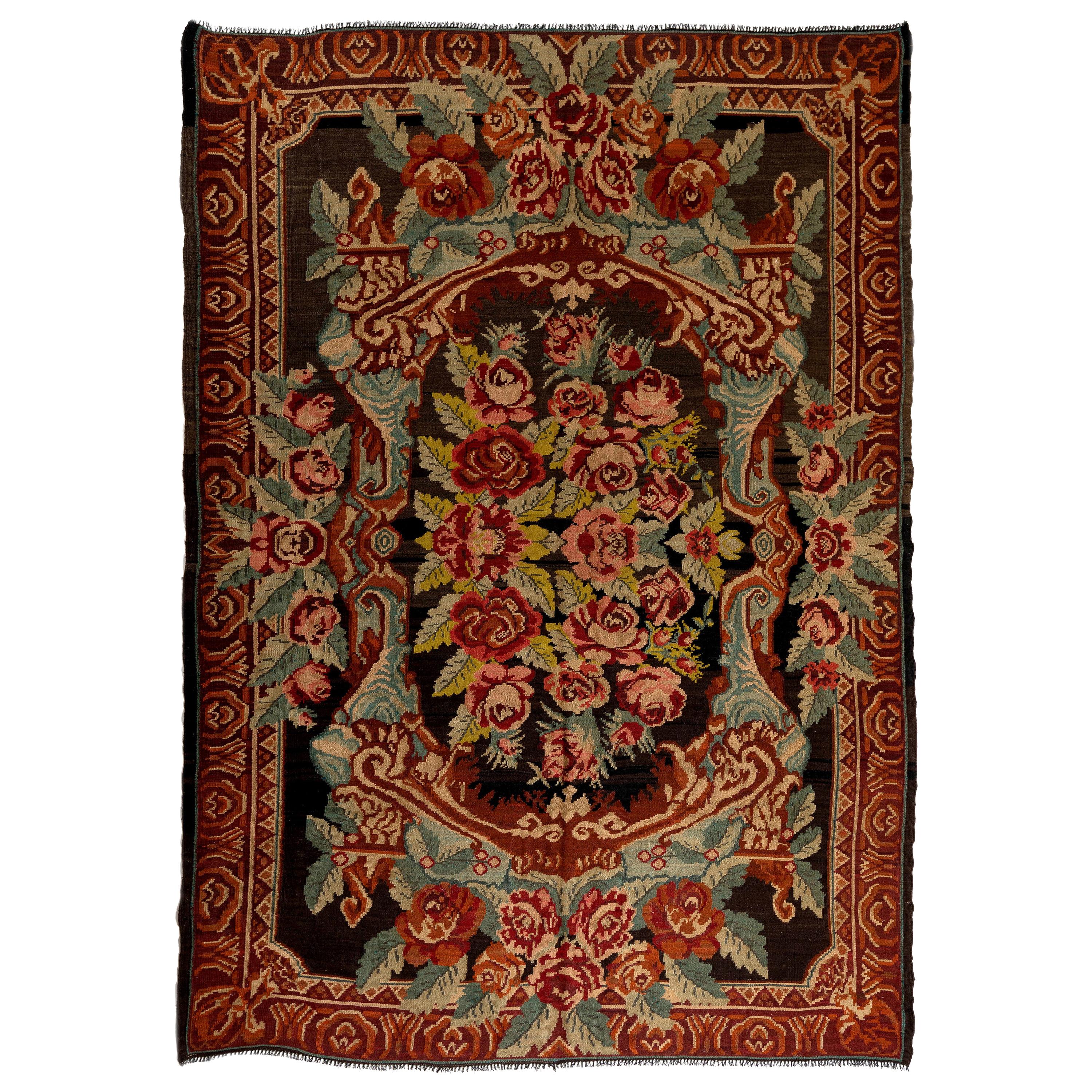 7.5x10.4 Ft Late-20th Century Bessarabian Kilim Rug, Floral Handwoven Tapestry