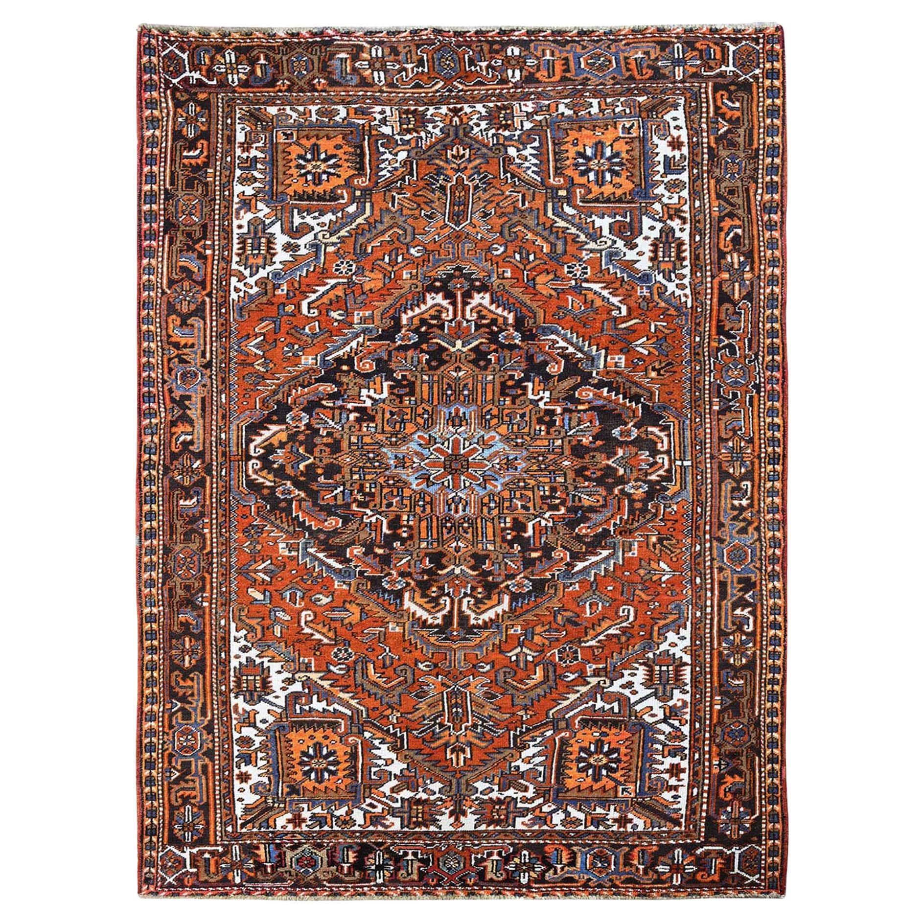 7'5"x10'3" Yam Orange Vintage Persian Heriz Pure Wool Hand Knotted Oriental Rug