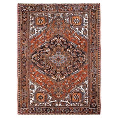 7'5"x10'3" Yam Orange Vintage Persian Heriz Pure Wool Hand Knotted Oriental Rug