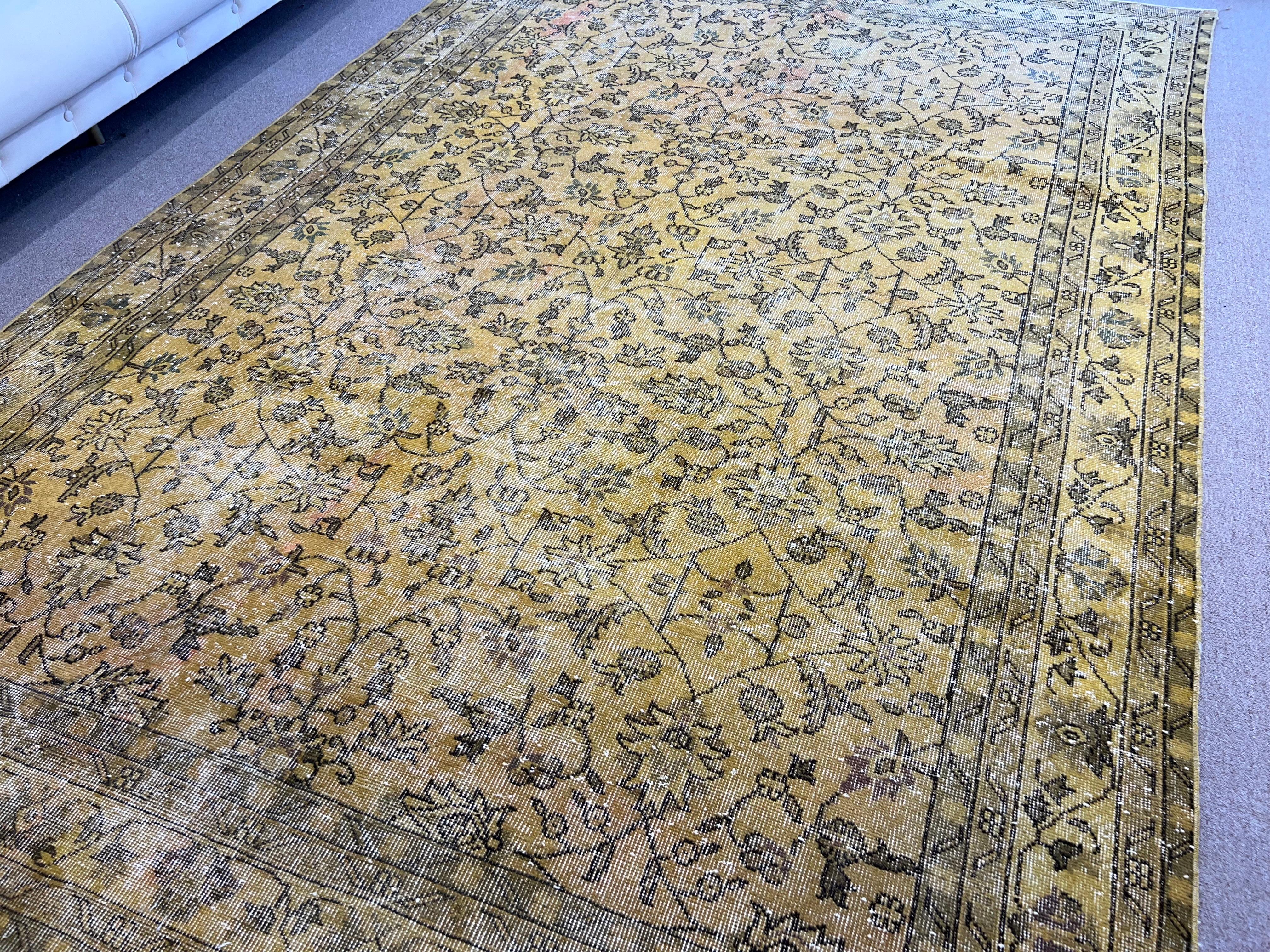 7.5x10.5 Ft Handmade Turkish Rug in Yellow, Modern Overdyed Living Room Carpet For Sale 4