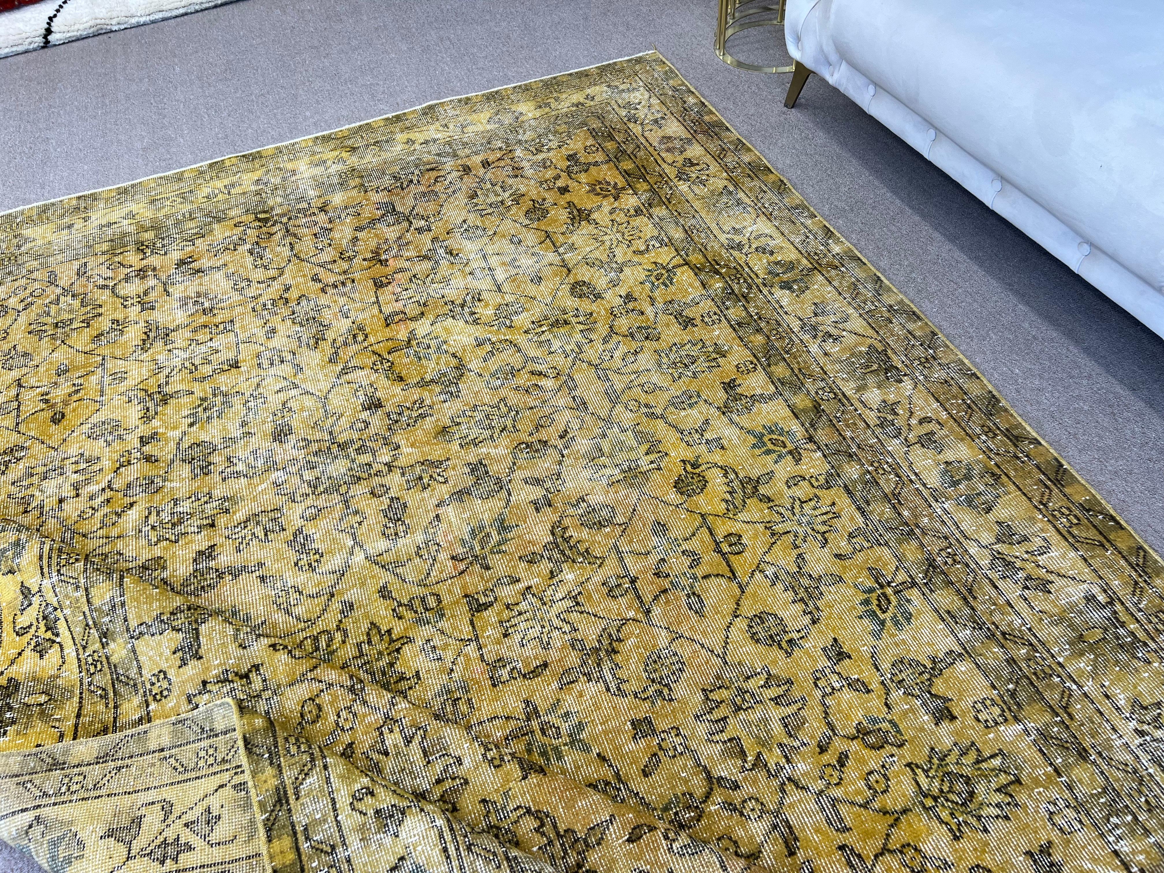 7.5x10.5 Ft Handmade Turkish Rug in Yellow, Modern Overdyed Living Room Carpet For Sale 5