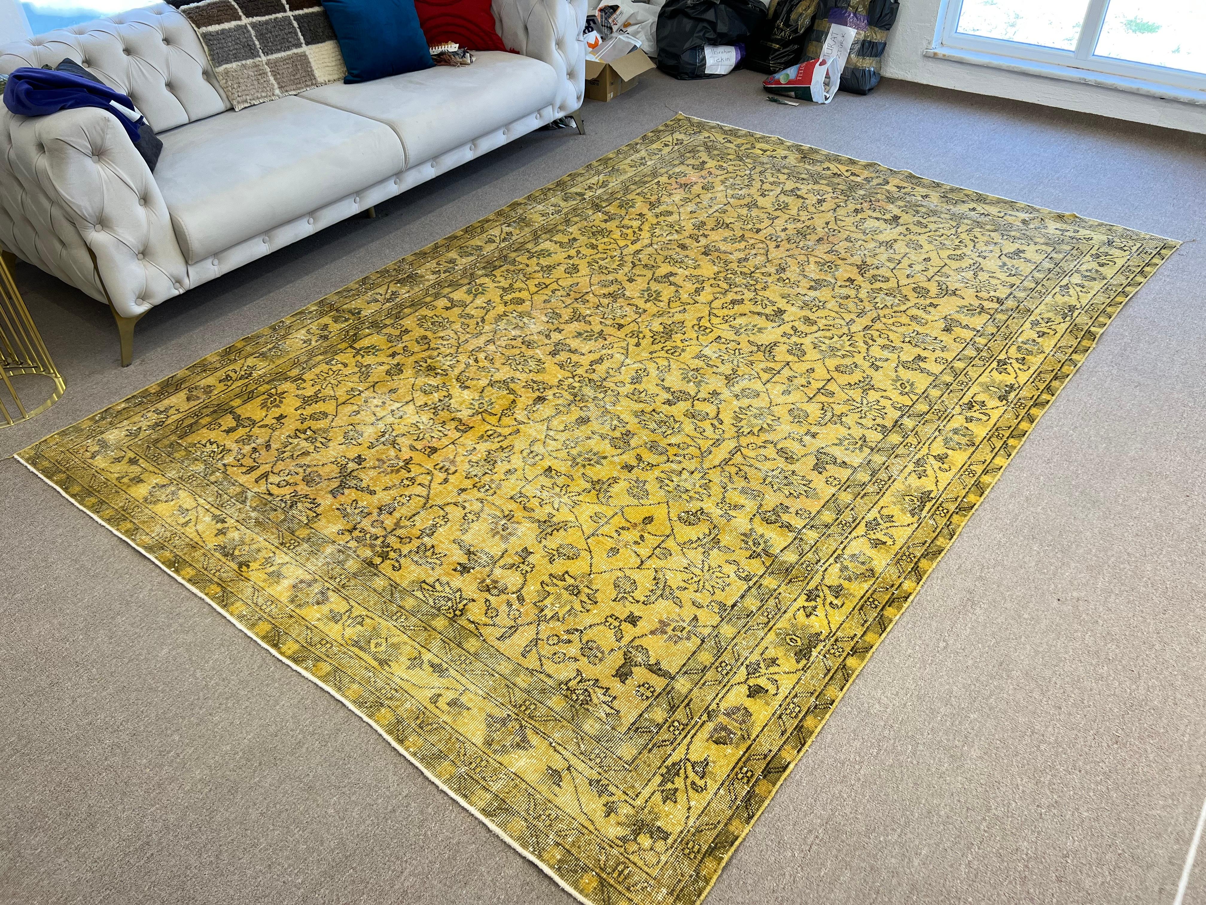 7.5x10.5 Ft Handmade Turkish Rug in Yellow, Modern Overdyed Living Room Carpet For Sale 1