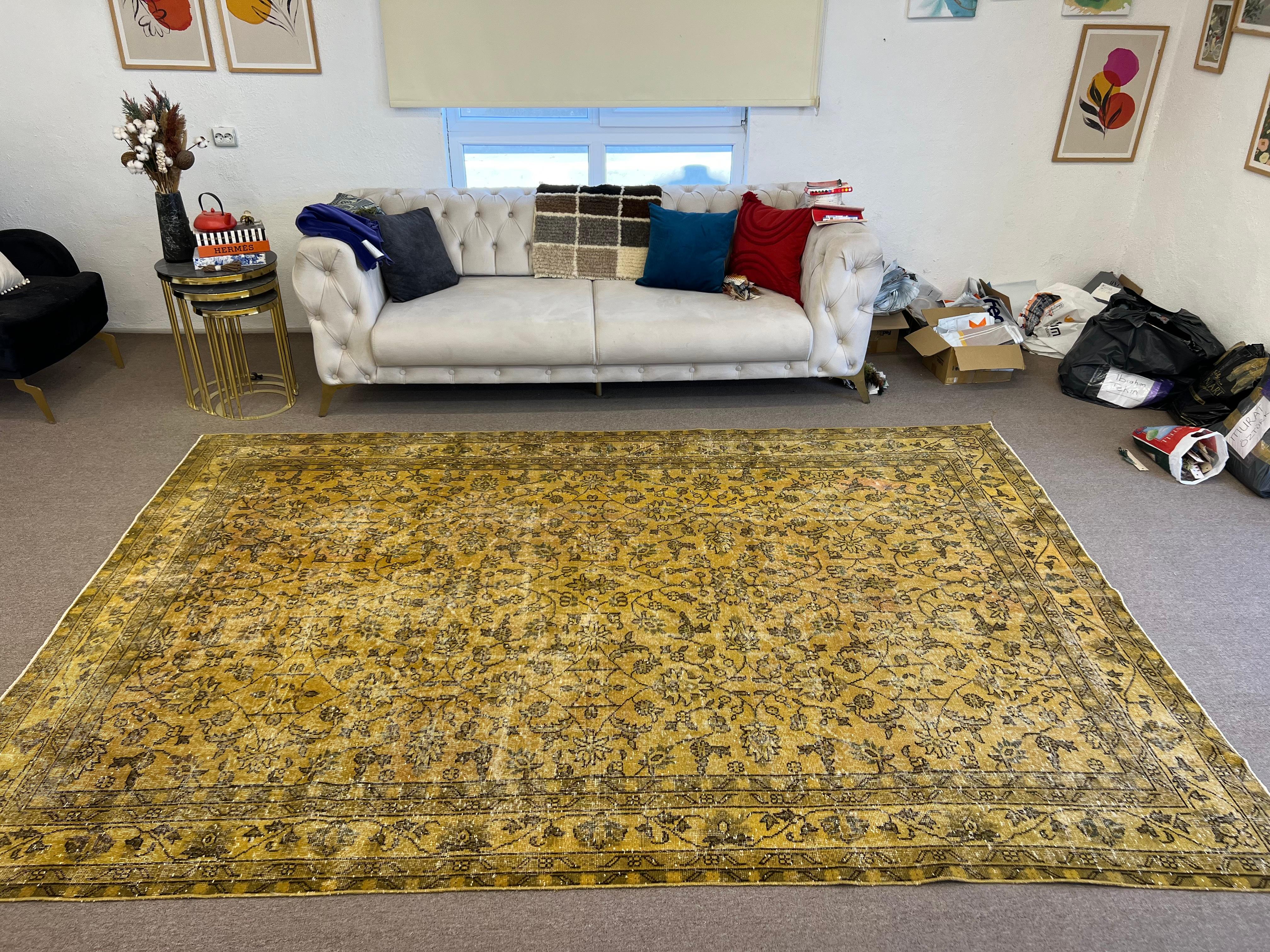 7.5x10.5 Ft Handmade Turkish Rug in Yellow, Modern Overdyed Living Room Carpet For Sale 2