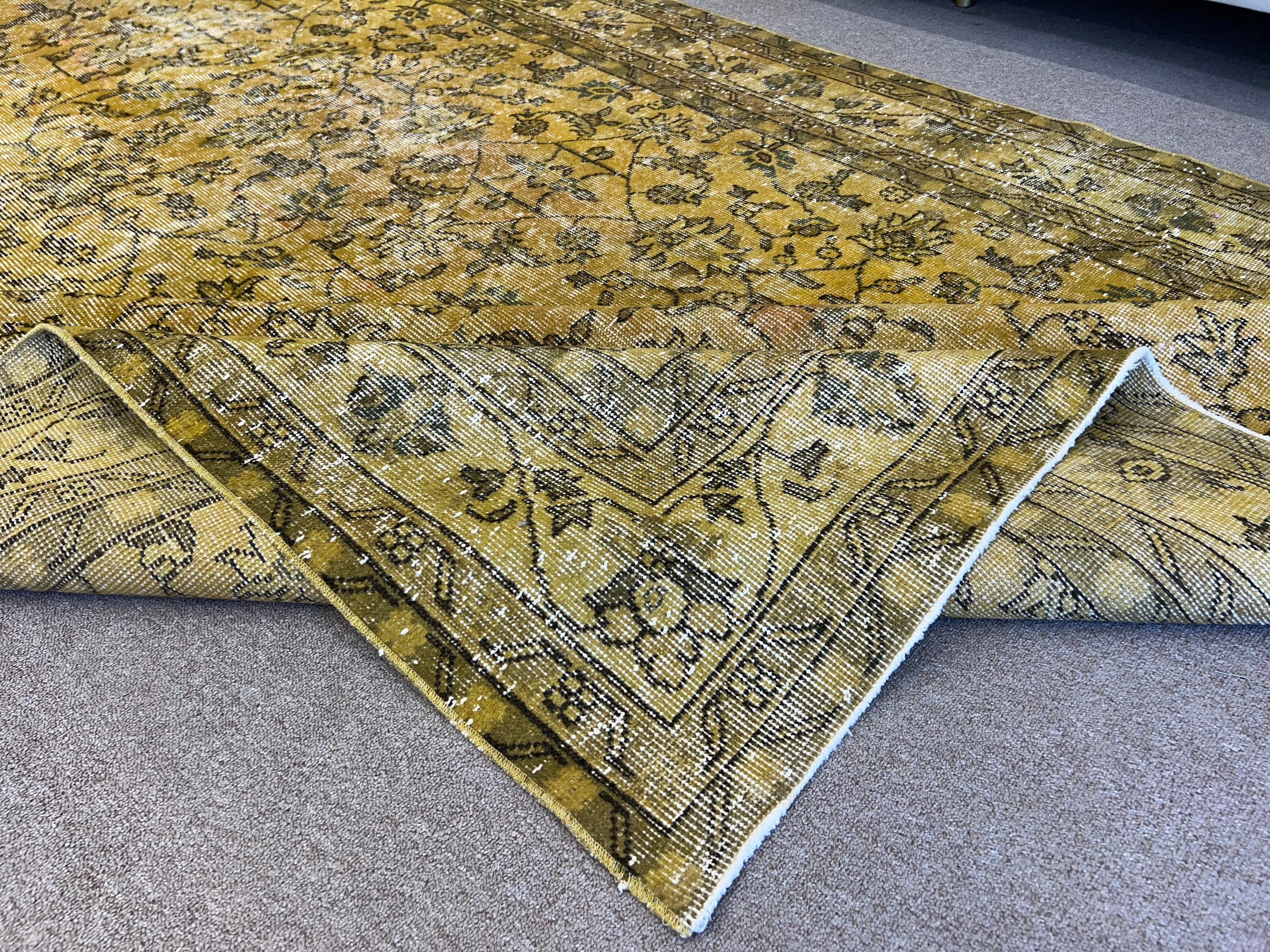 7.5x10.5 Ft Handmade Turkish Rug in Yellow, Modern Overdyed Living Room Carpet For Sale 3