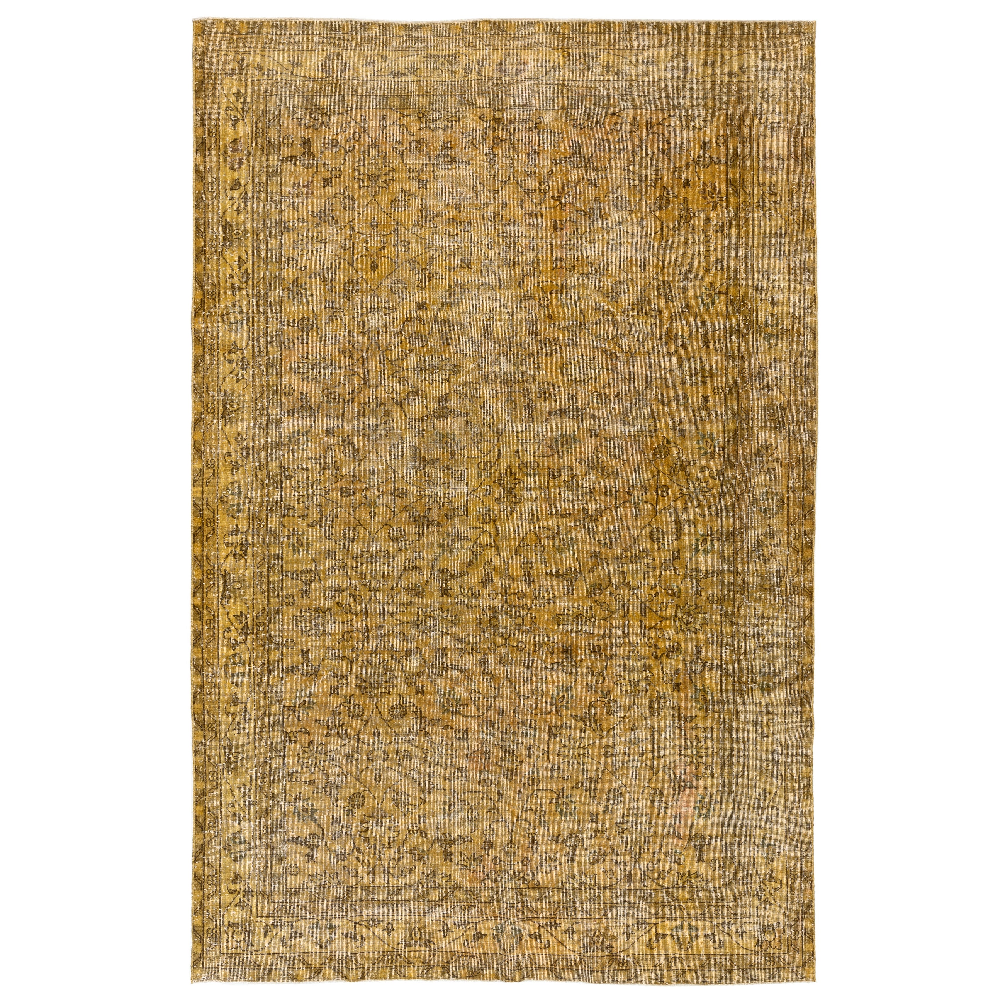 Alfombra Turca Vintage de Lana Anudada a Mano de 2,5 x 3,5 Metros Sobreteñida de Amarillo en venta
