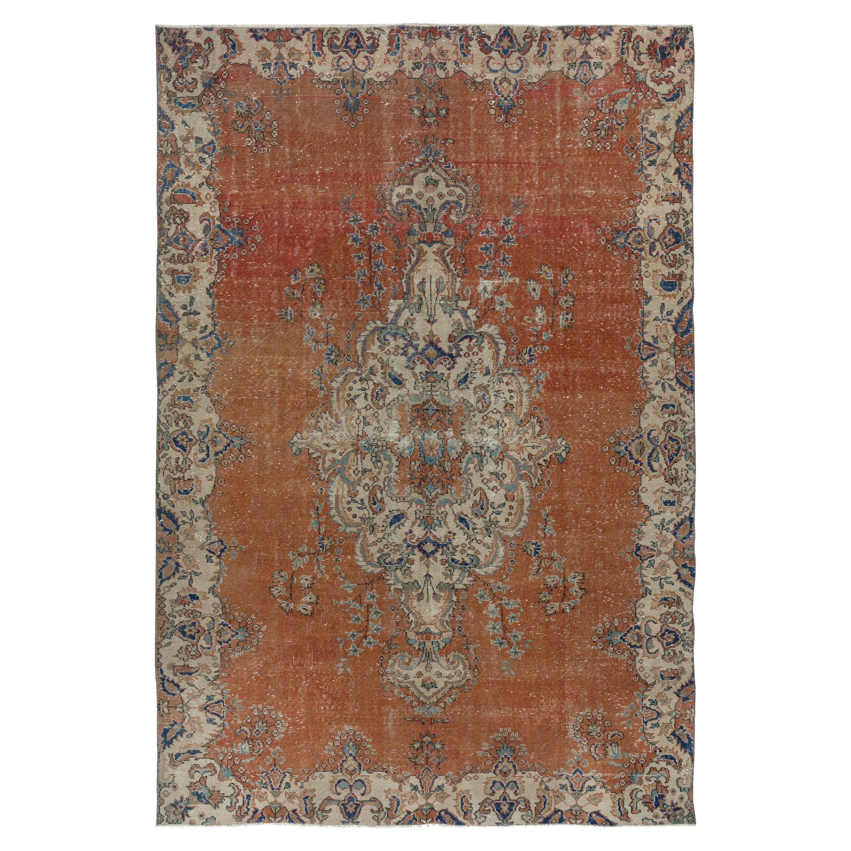 Handgefertigter roter Vintage-Teppich 7,5x10.6 Ft. Einzigartiger türkischer Wollteppich