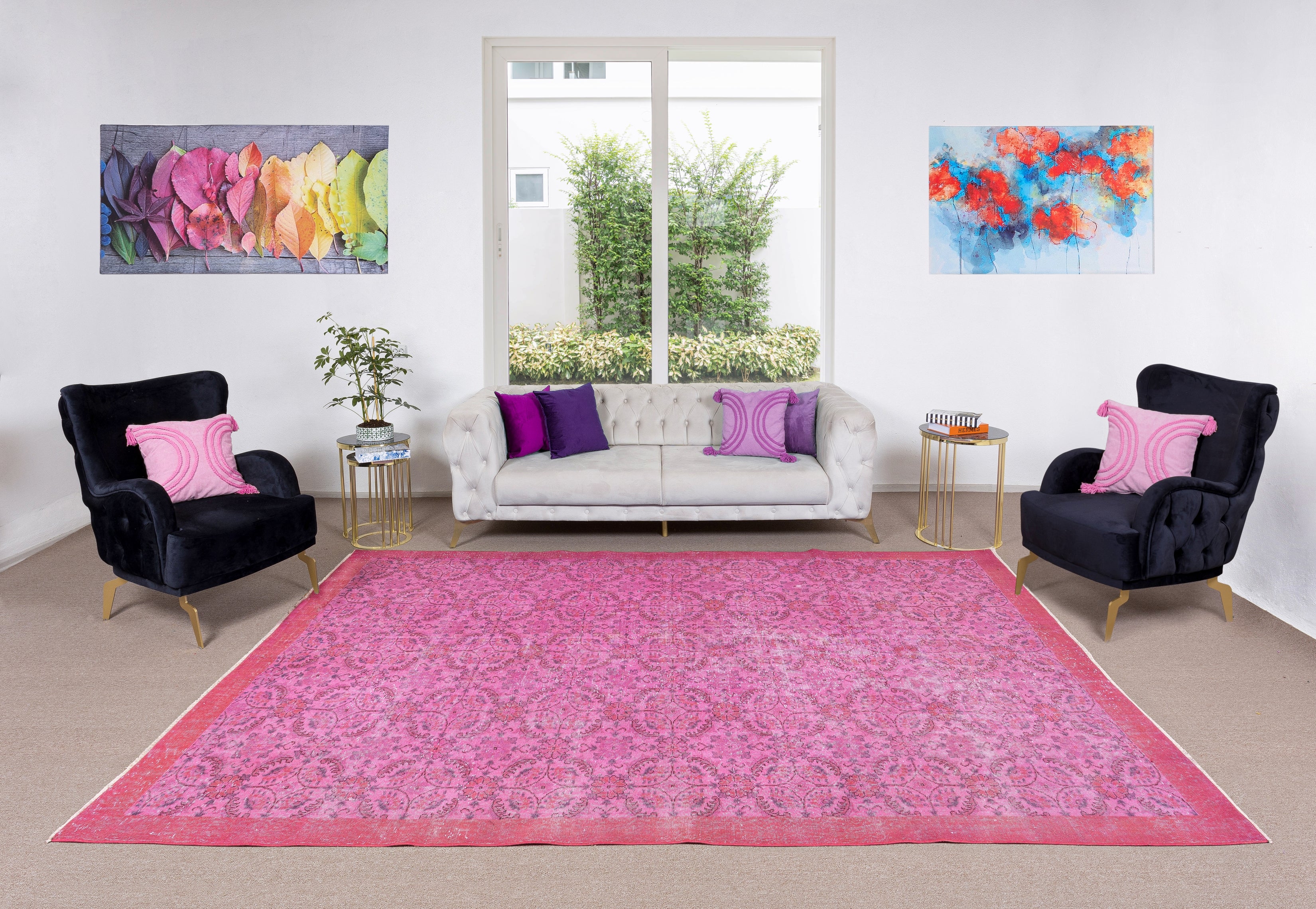 7.5x11 Ft Handmade Floral Wool Area Rug in Pink, Contemporary Turkish Carpet For Sale