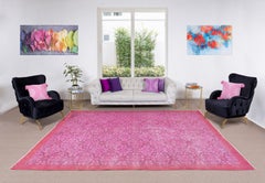 Alfombra de lana floral rosa hecha a mano, alfombra turca contemporánea 7,5x11 pies