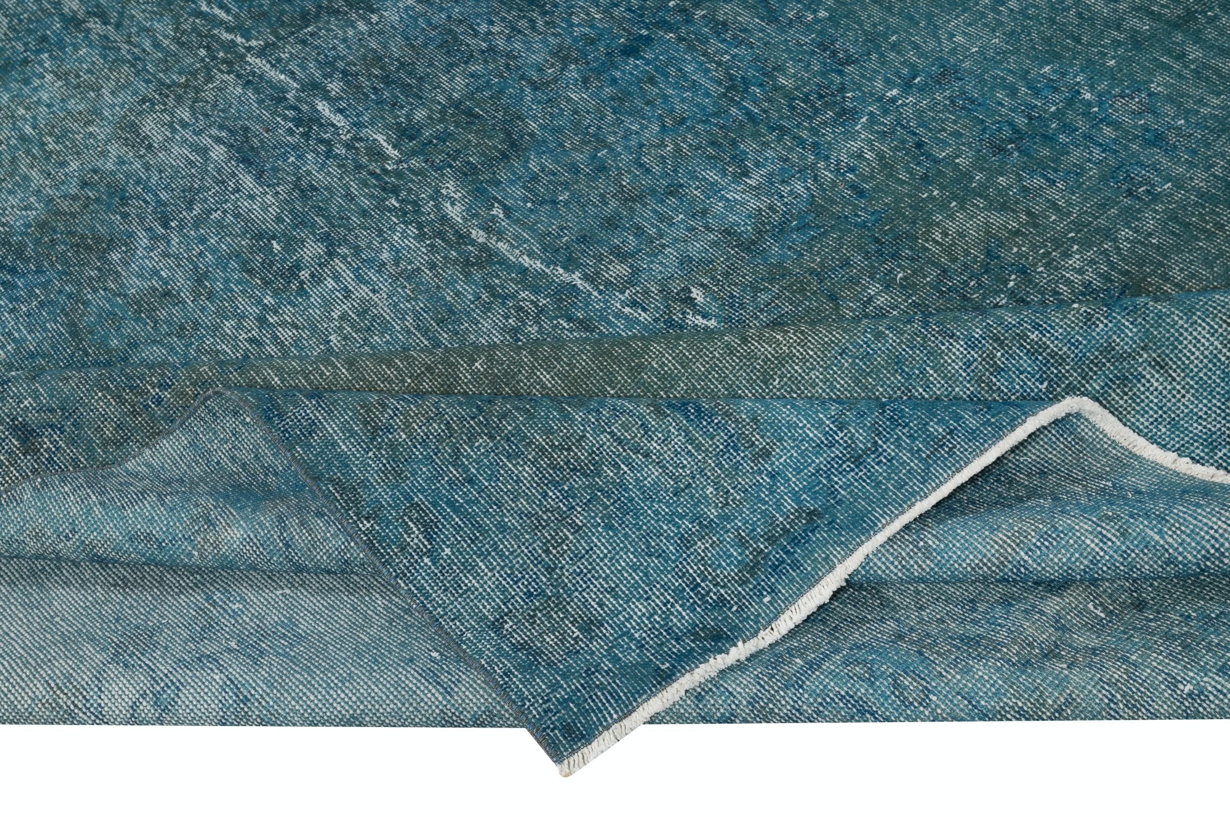 Modern 7.5x11.8 Ft Contemporary Handmade Turkish Area Rug Over-Dyed in Teal Blue Color For Sale