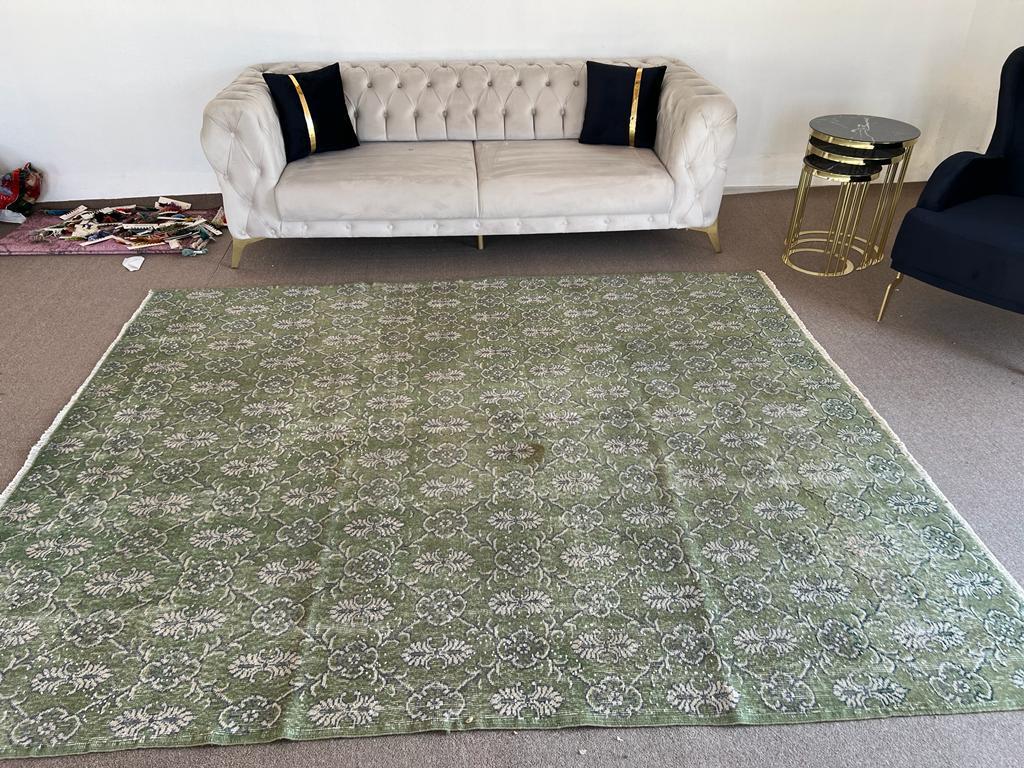 7.5x9 Ft Floral Mid-20th Century Hand-Knotted Anatolian Wool Area Rug in Green 2