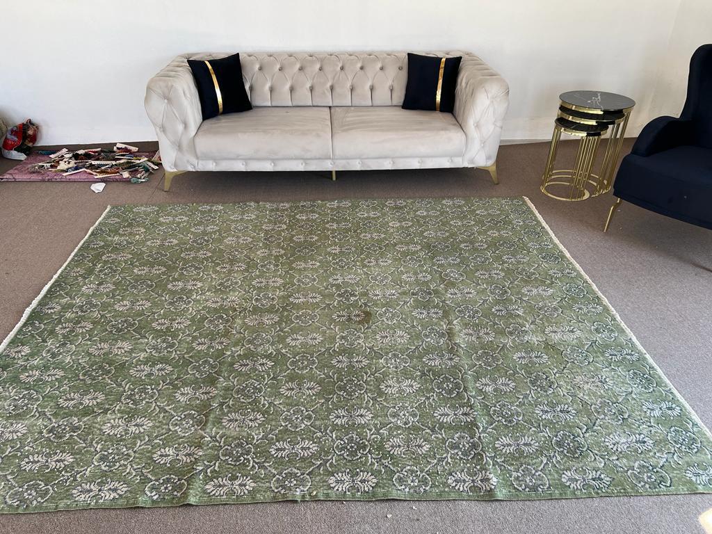 7.5x9 Ft Floral Mid-20th Century Hand-Knotted Anatolian Wool Area Rug in Green 3