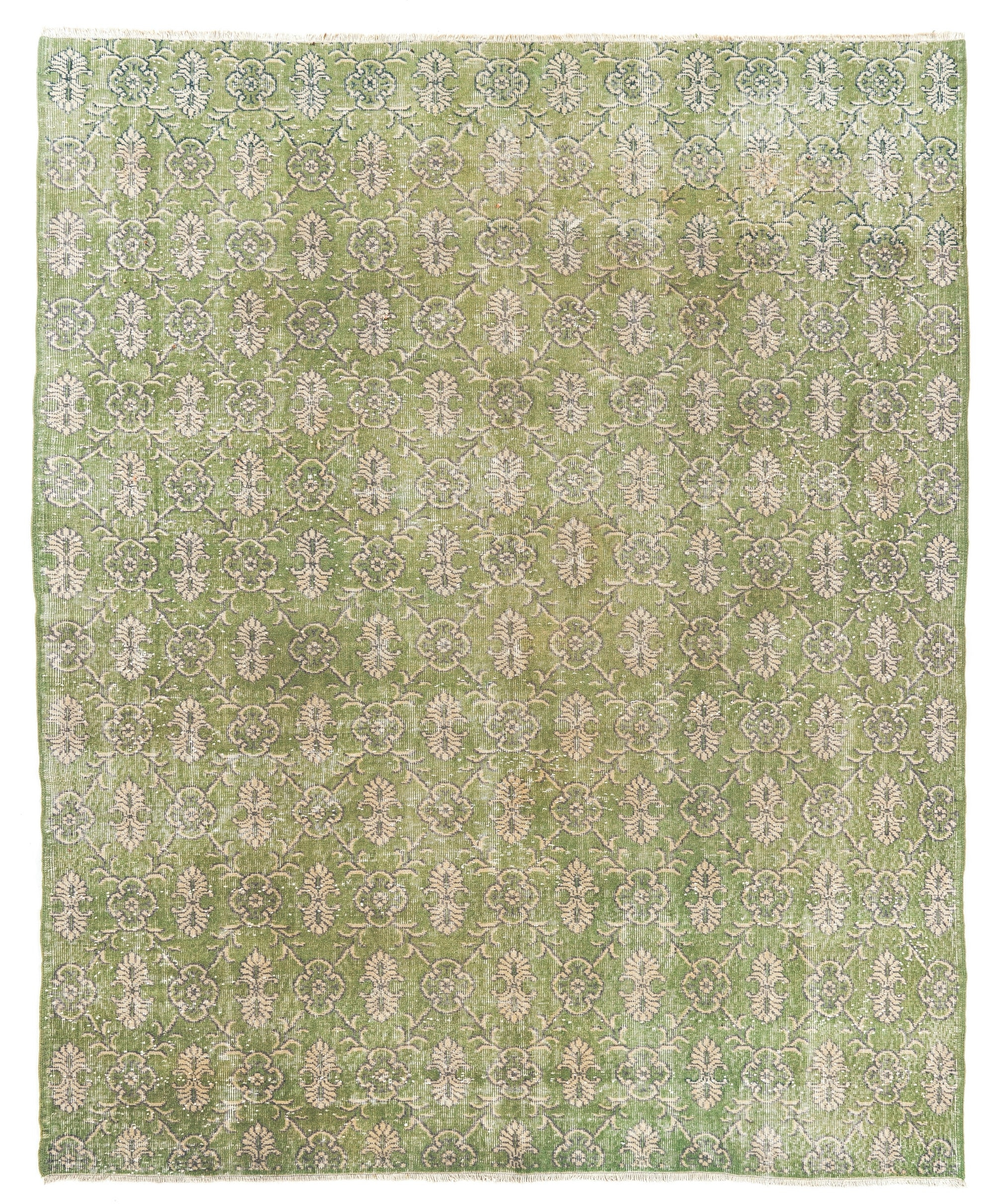 7.5x9 Ft Floral Mid-20th Century Hand-Knotted Anatolian Wool Area Rug in Green