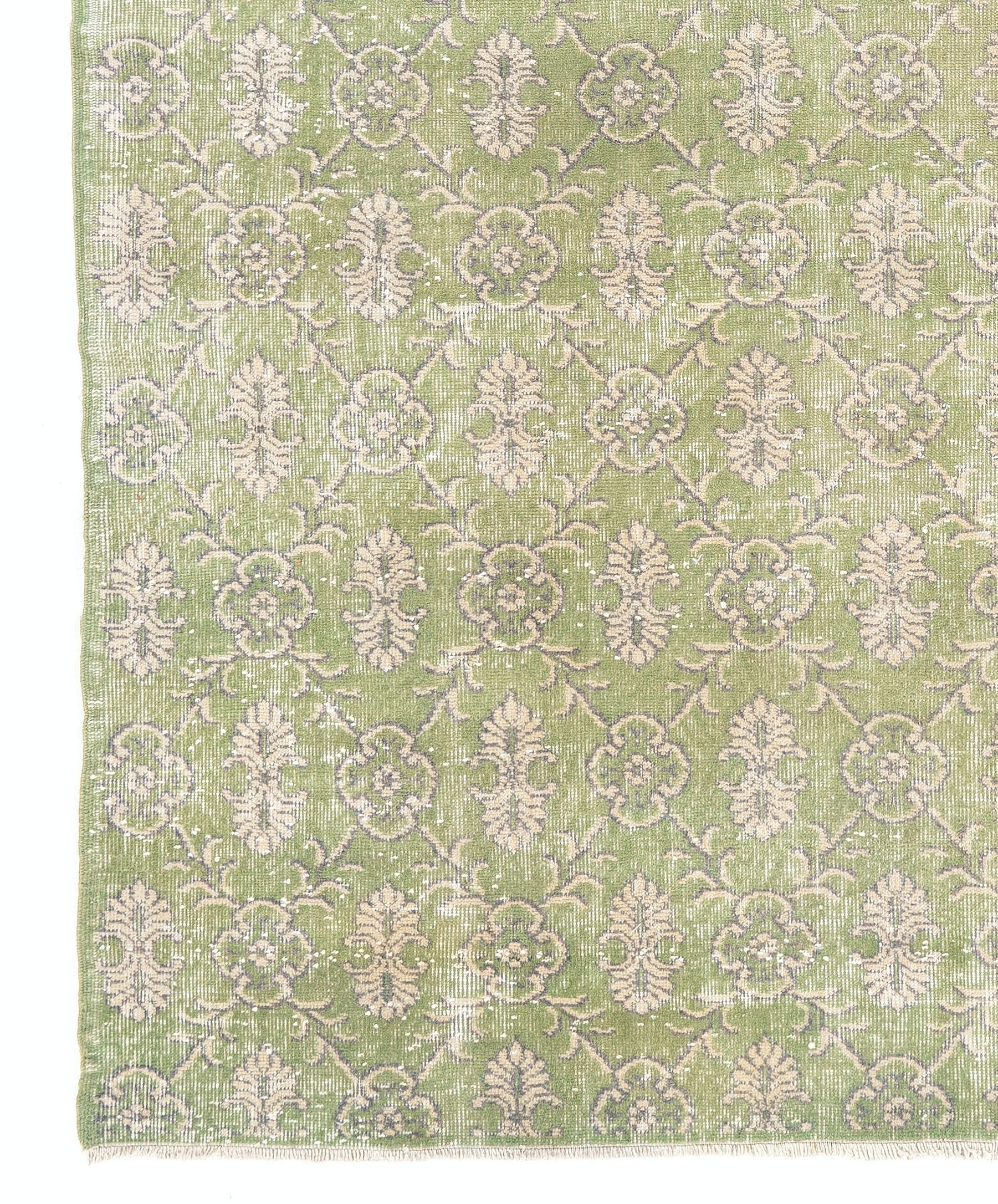 Hand-Woven 7.5x9 Ft Handmade Vintage Turkish Area Rug in Green with All-Over Floral Design