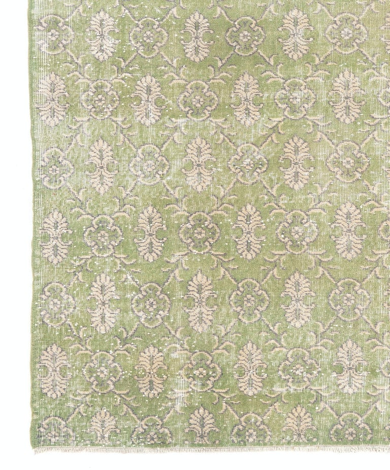 Turkish 7.5x9 Ft Floral Mid-20th Century Hand-Knotted Anatolian Wool Area Rug in Green For Sale