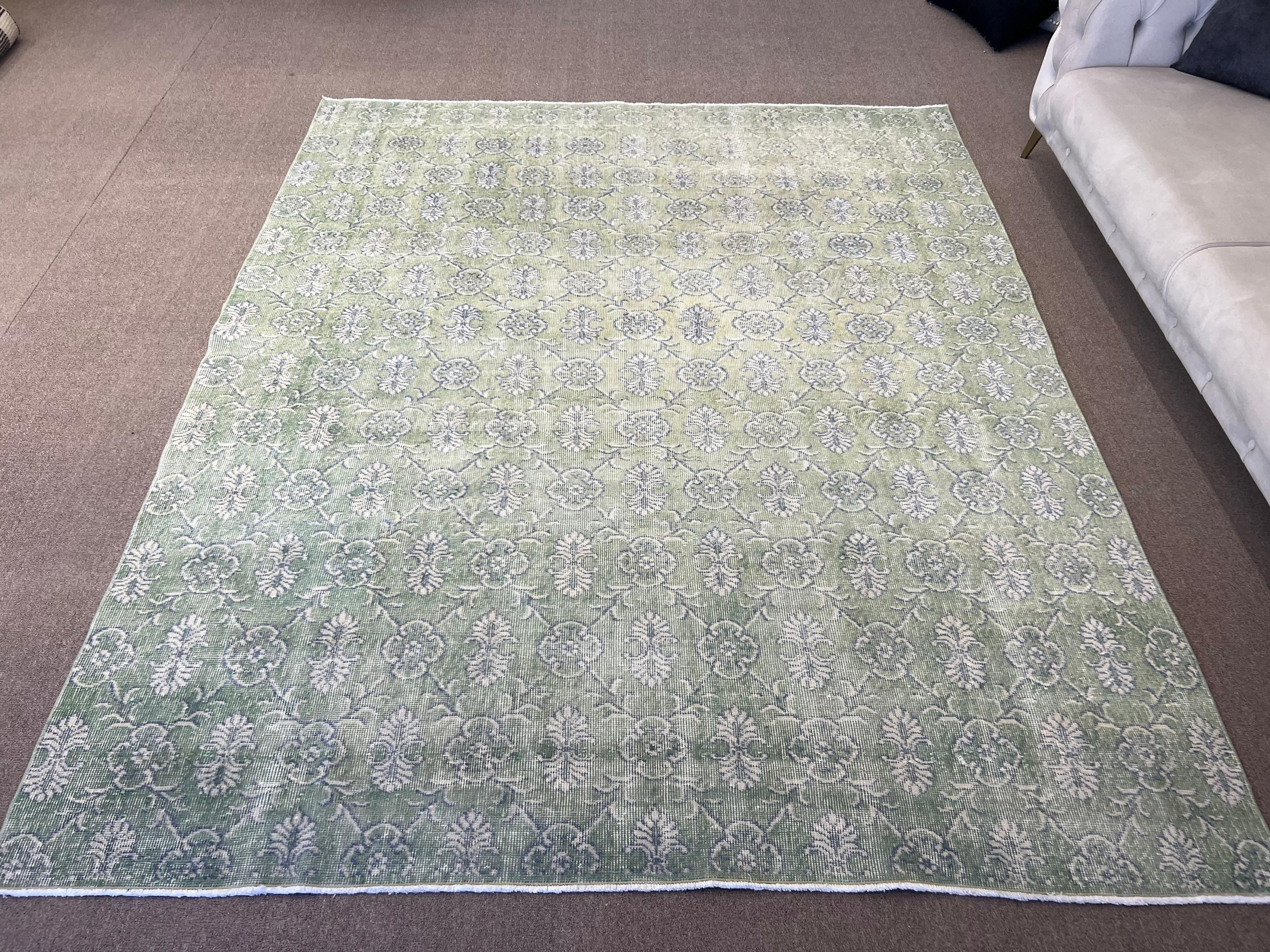 Wool 7.5x9 Ft Handmade Vintage Turkish Area Rug in Green with All-Over Floral Design