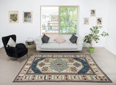 7.5x9.4 Ft Vintage Handmade Geometric Patterned Turkish Area Rug, 100% Wool