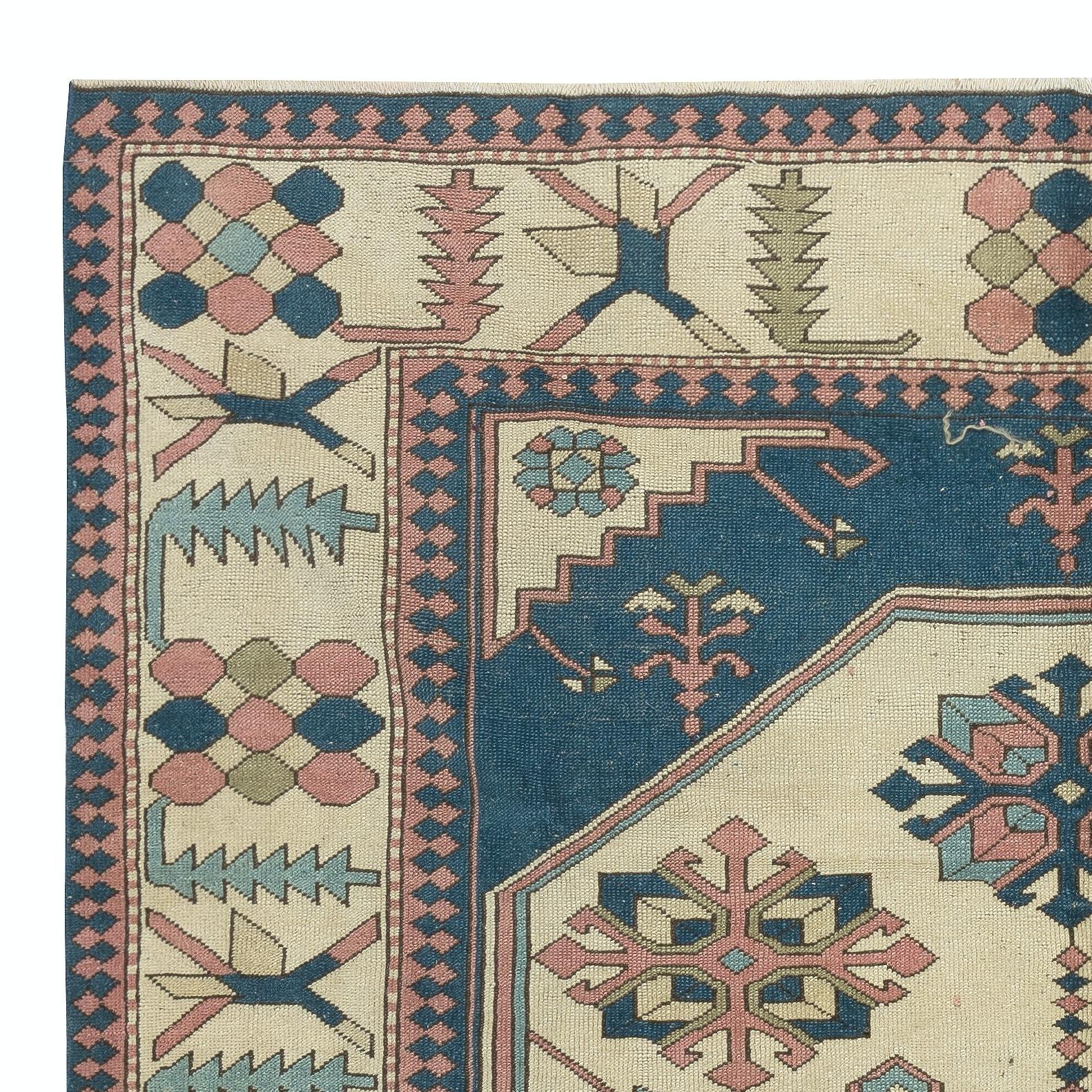 7.5x9.4 Ft Vintage Handgefertigt Geometrisch Gemusterte Türkische Fläche Teppich, 100% Wolle (Handgeknüpft) im Angebot