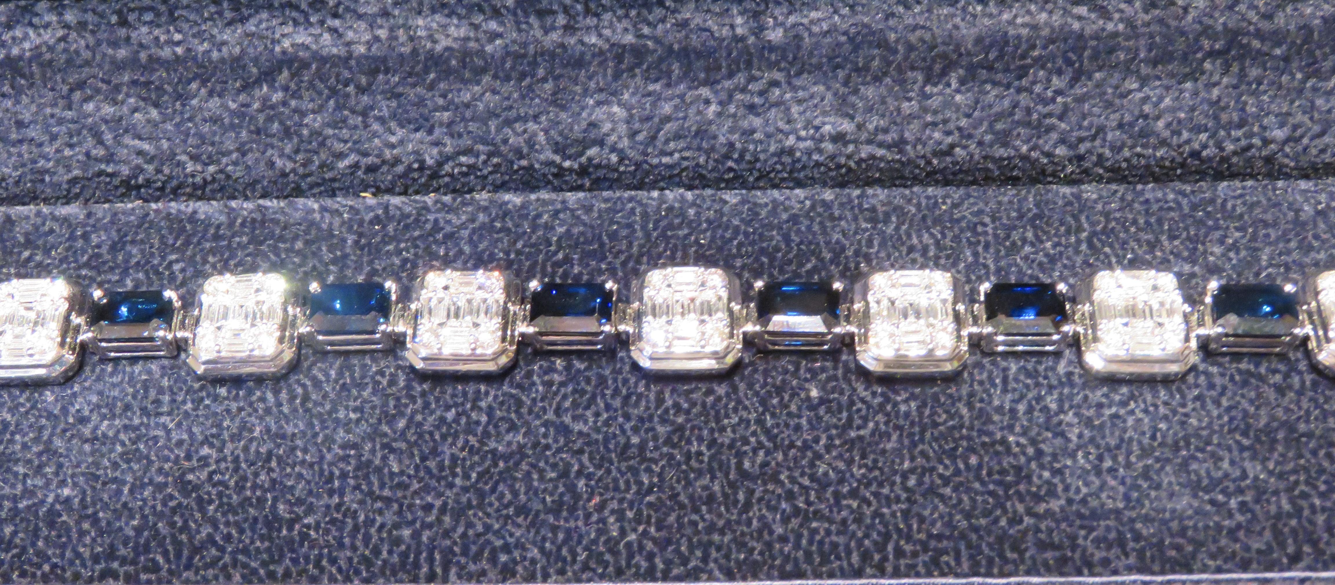 Mixed Cut $76, 688 18KT Gold Fancy Baguette Diamond Blue Sapphire Bracelet Taj Hotel For Sale
