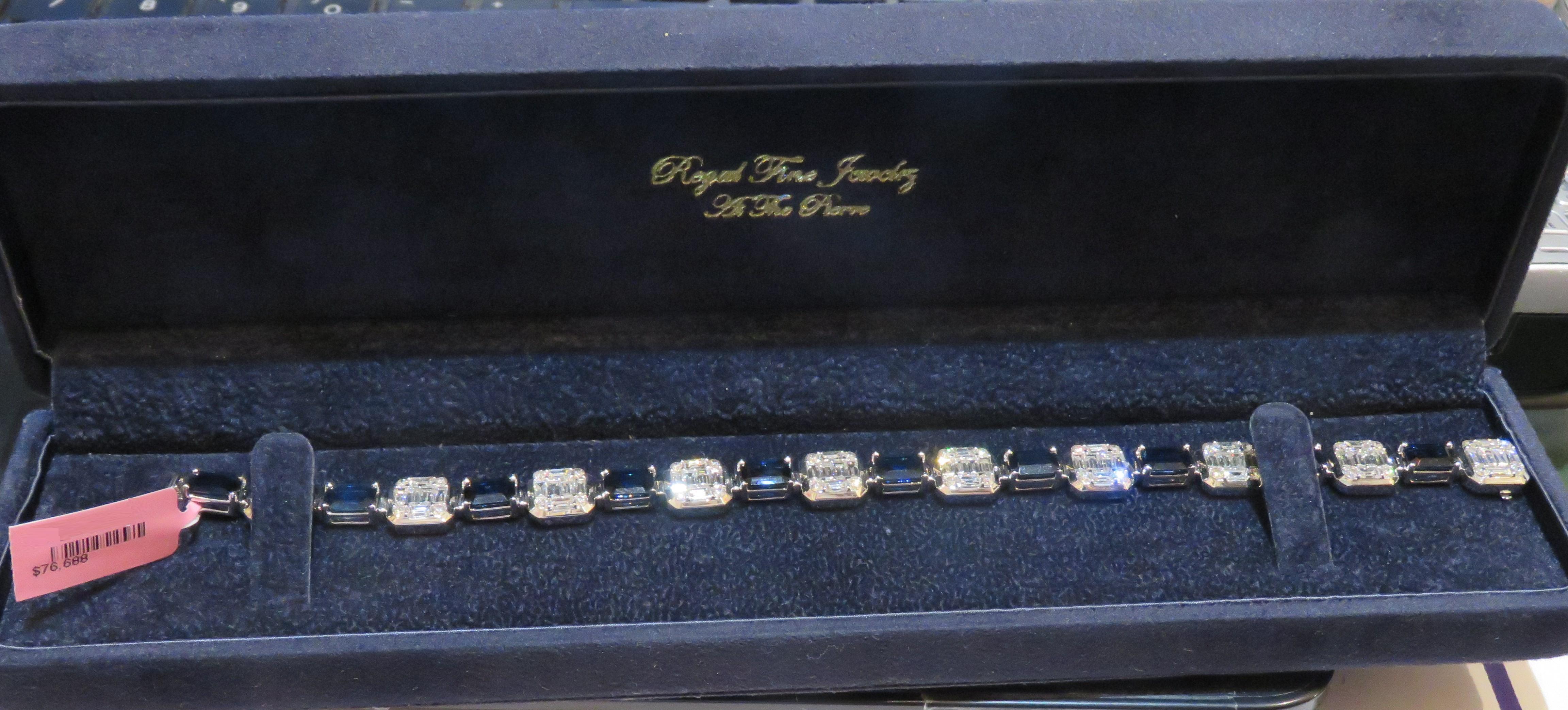 $76, 688 18KT Gold Fancy Baguette Diamond Blue Sapphire Bracelet Taj Hotel For Sale 1