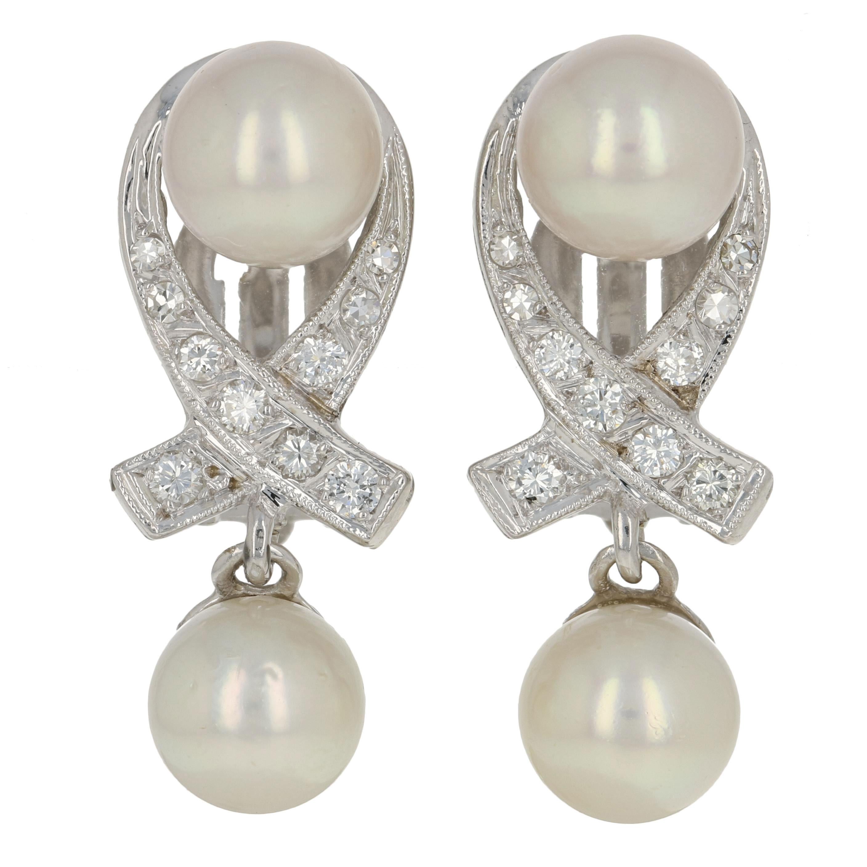 Akoya Pearl and Diamond Earrings, 14 Karat Gold Milgrain Ribbon Pierced In Excellent Condition In Greensboro, NC