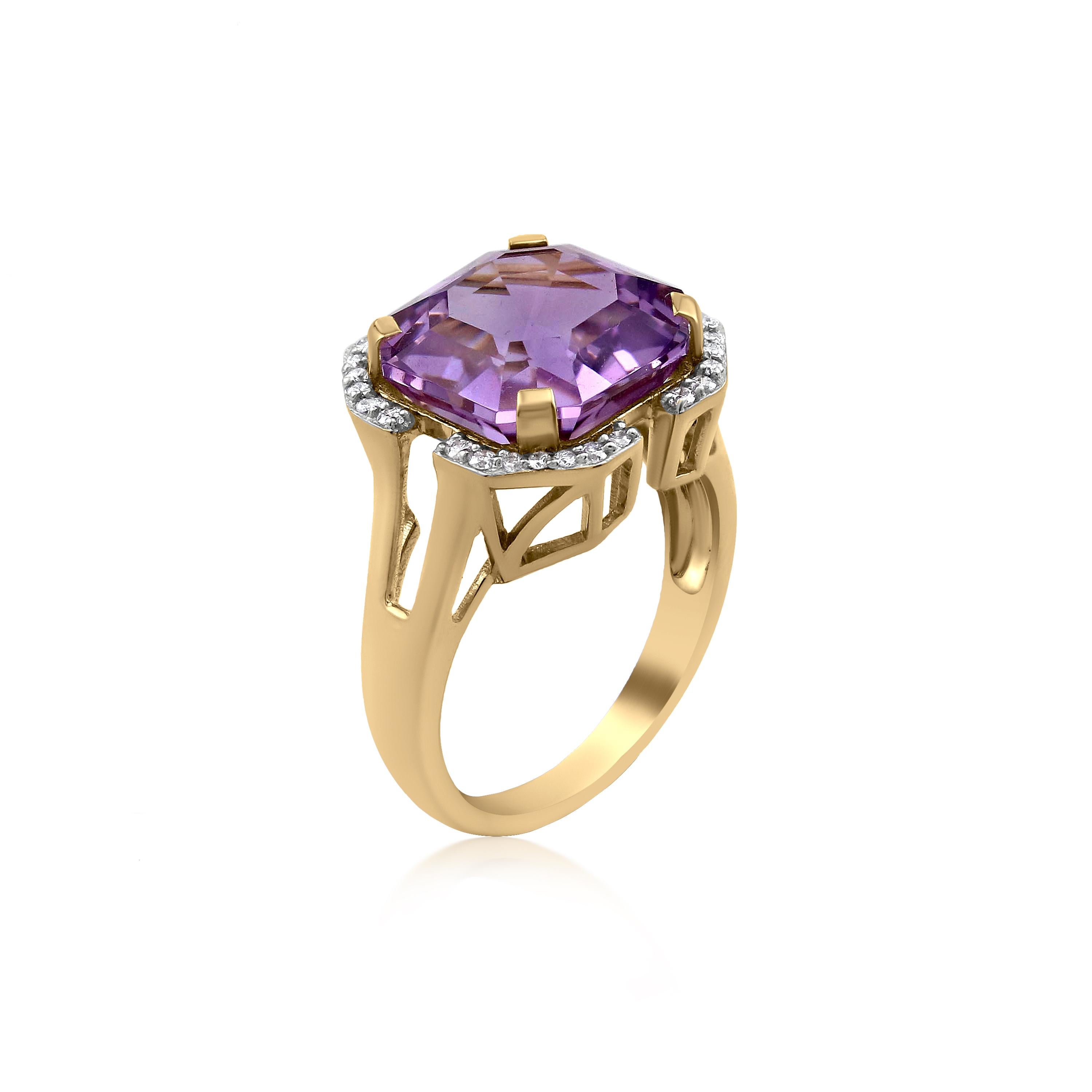 Gemistry 7.6 Carat Asscher Cut Amethyst Solitaire Ring with Diamond in 14K Gold 2