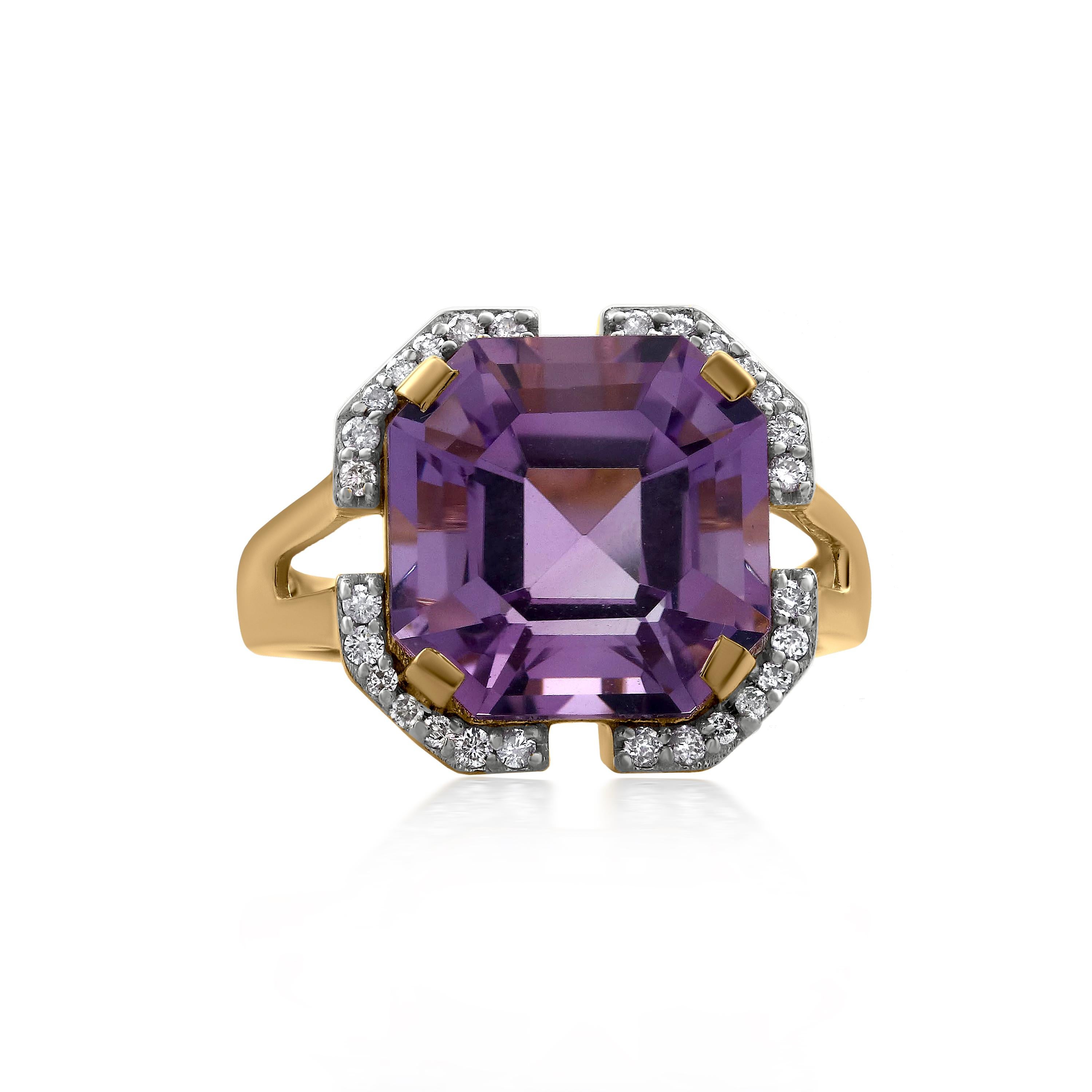 Soft purple yet luminous. This Gemistry solitaire ring features in the center an 7.6 carat asscher cut, octagon amethyst, prong set on an openwork gallery of polished 14k yellow gold with tapered shank. The corners of the center stone are further