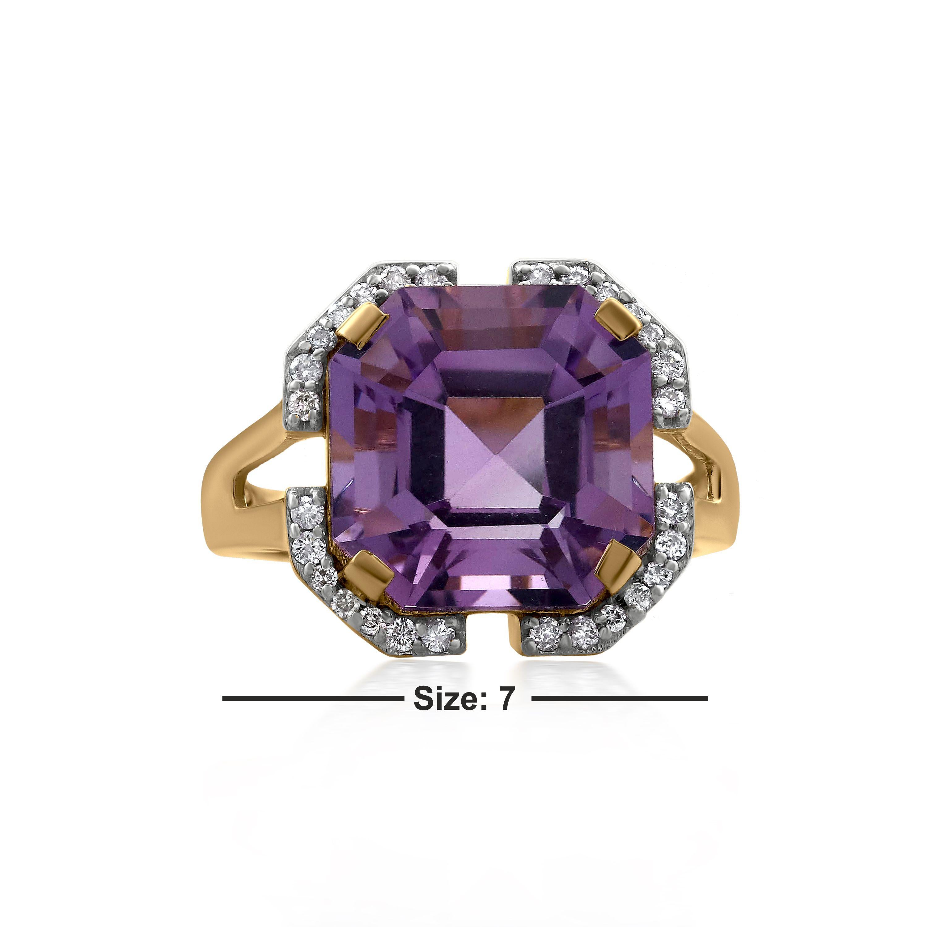Gemistry 7.6 Carat Asscher Cut Amethyst Solitaire Ring with Diamond in 14K Gold In New Condition In New York, NY
