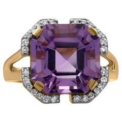 Gemistry 7.6 Carat Asscher Cut Amethyst Solitaire Ring with Diamond in 14K Gold