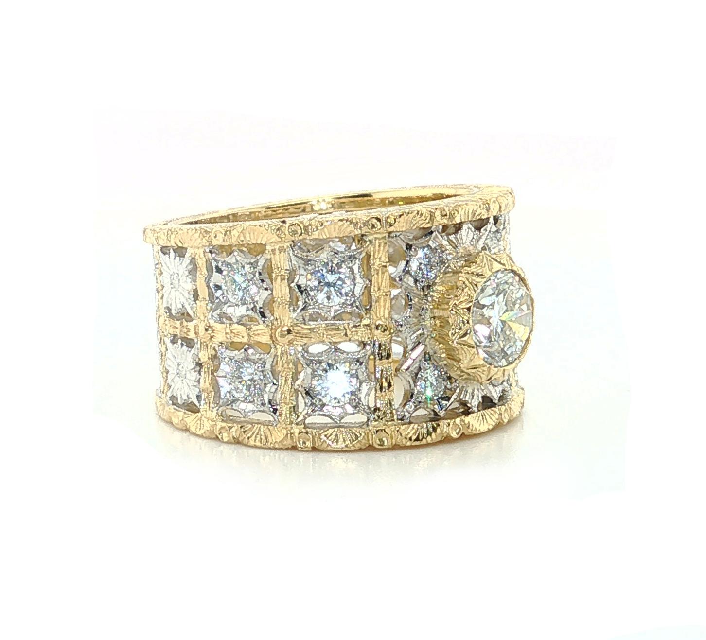 Taille ronde Bague en or 18k avec diamant GIA de 0,76 carat et style Florentine en vente