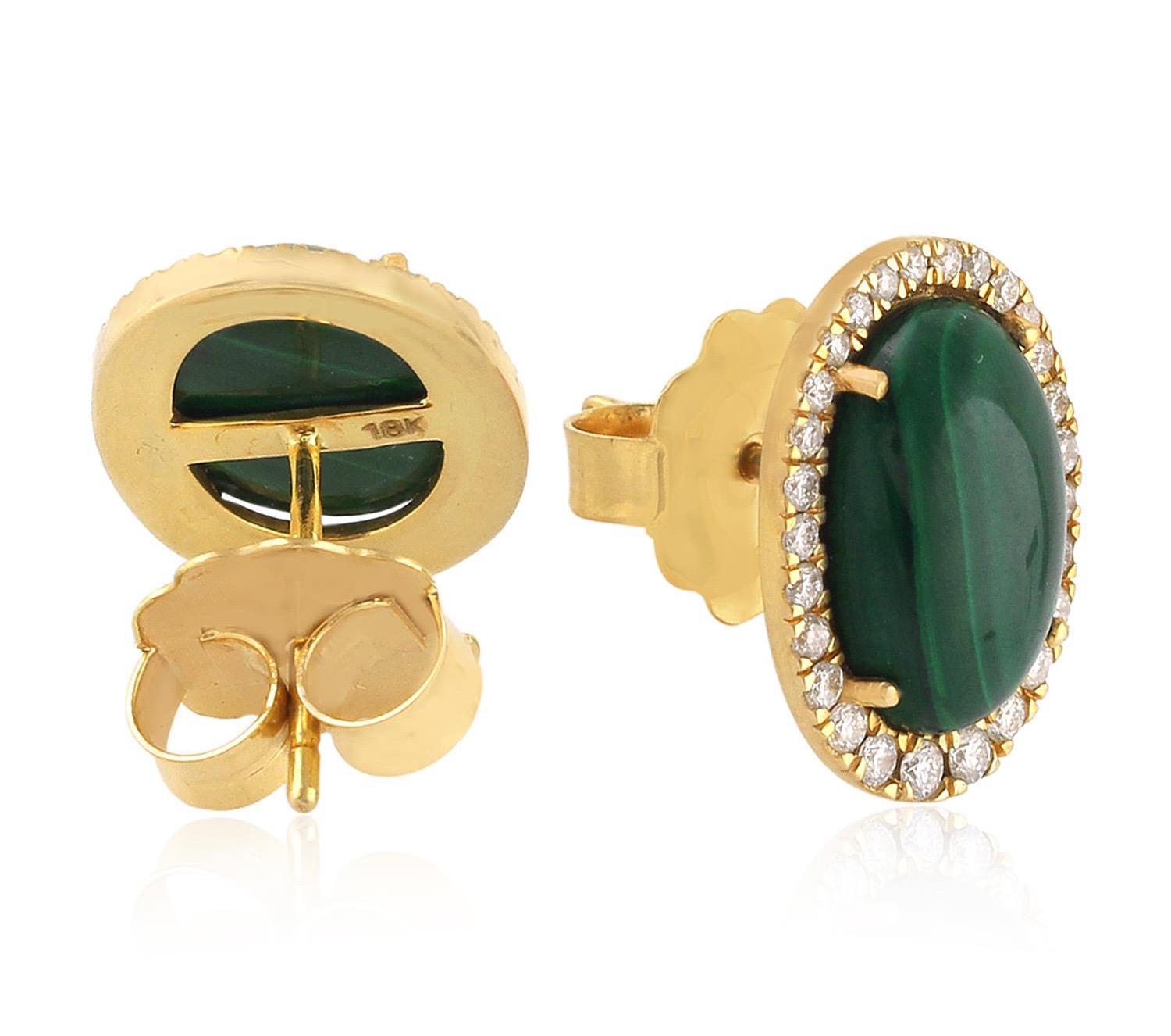 Modern Malachite Diamond 18 Karat Yellow Gold Stud Earrings For Sale