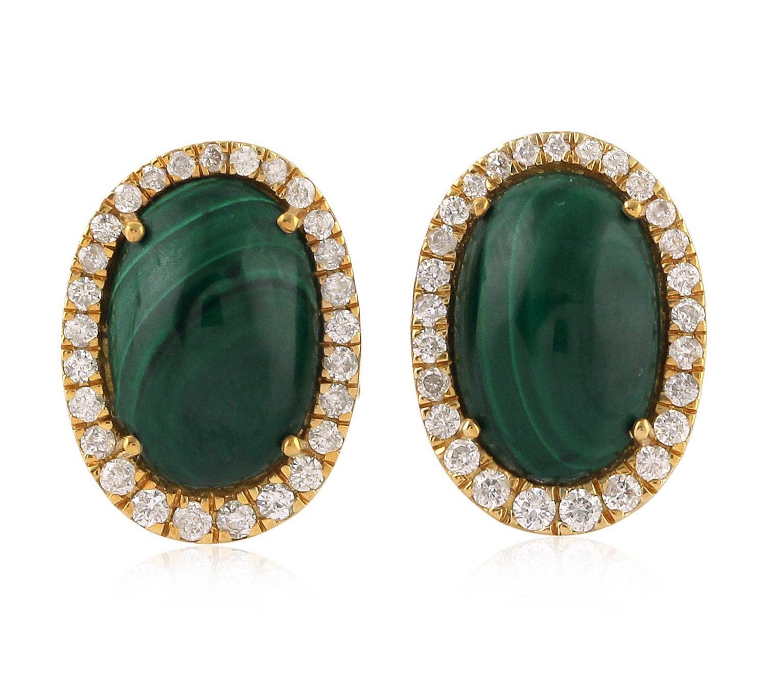 Rose Cut Malachite Diamond 18 Karat Yellow Gold Stud Earrings For Sale