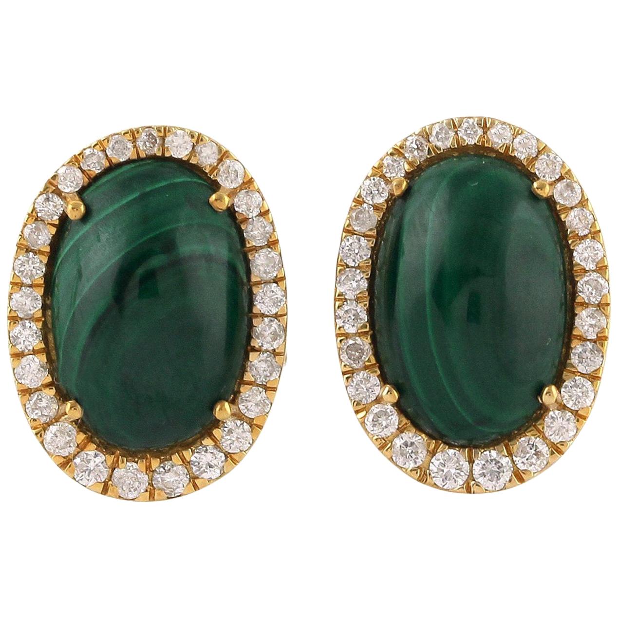 Malachite Diamond 18 Karat Yellow Gold Stud Earrings For Sale