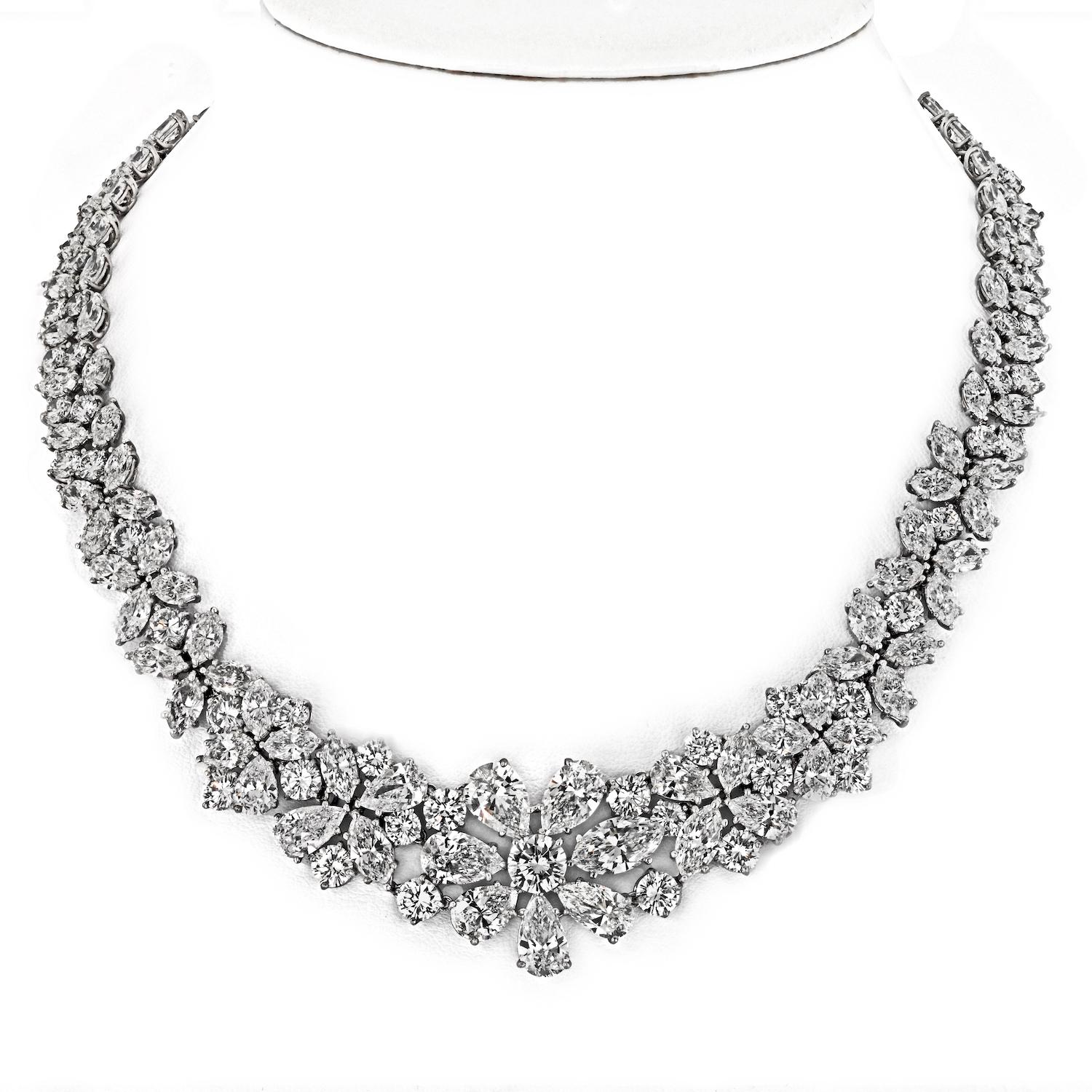 76 Carat Pear Cut, Marquise Cut, and Round Cut Diamond Collar Platinum Necklace For Sale 2