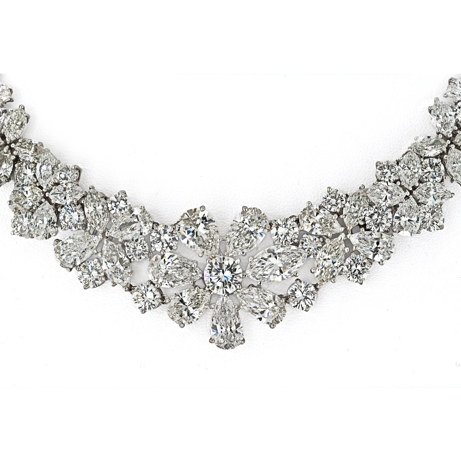 76 Carat Pear Cut, Marquise Cut, and Round Cut Diamond Collar Platinum Necklace For Sale 4