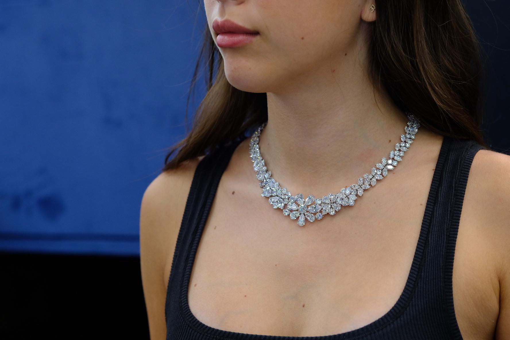 Modern 76 Carat Pear Cut, Marquise Cut, and Round Cut Diamond Collar Platinum Necklace For Sale