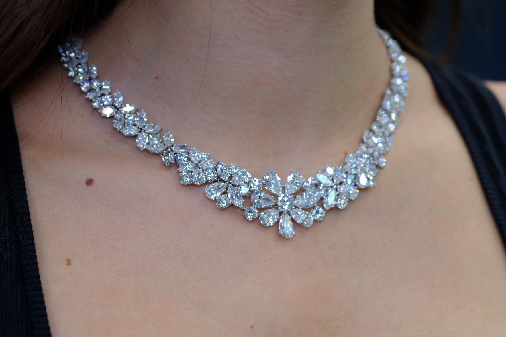 76 Carat Pear Cut, Marquise Cut, and Round Cut Diamond Collar Platinum Necklace For Sale 1